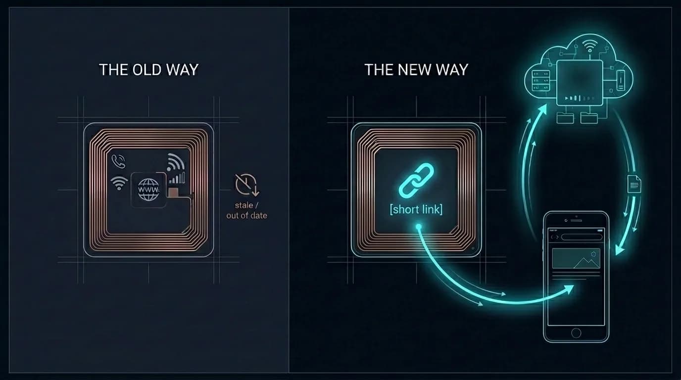 Diagram comparing old NFC tags that stored all data on the chip versus modern tags that store only a short URL pointing to a server that serves always-current content.