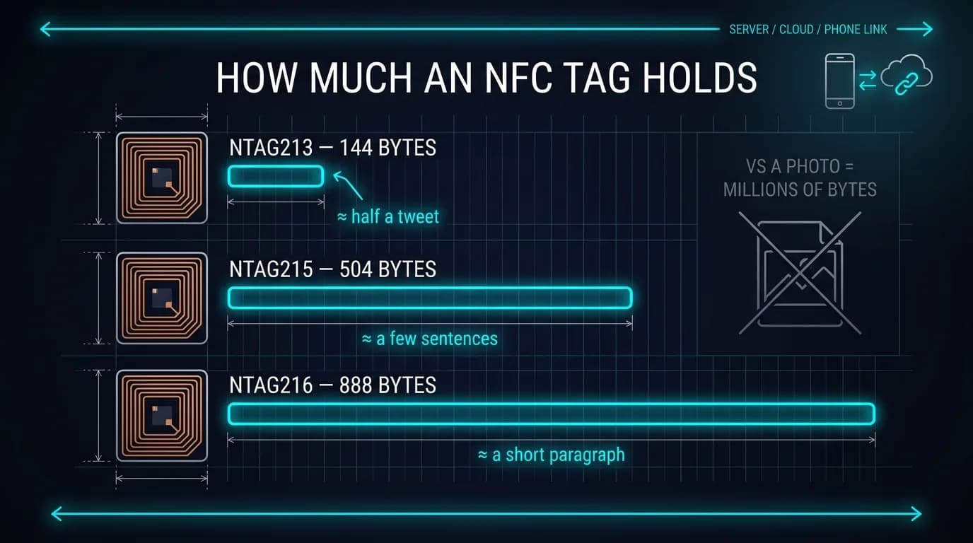 Capacity comparison chart titled "How much an NFC tag holds": NTAG213 144 bytes (≈ half a tweet), NTAG215 504 bytes (≈ a few sentences), NTAG216 888 bytes (≈ a short paragraph), shown as scaled bars next to a struck-through photo icon labelled "vs a photo = millions of bytes".