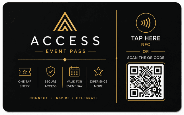 Black and gold event access pass NFC card with QR code and tap area.