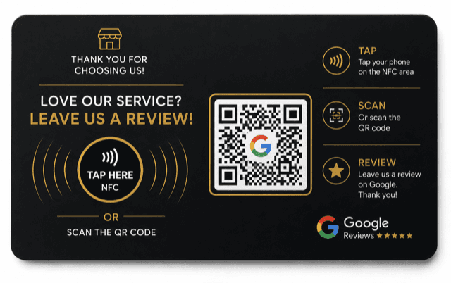 Black and gold Google review NFC card with QR code and tap area.