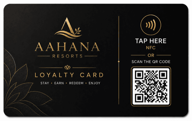 Black and gold resort loyalty NFC card with QR code and tap area.