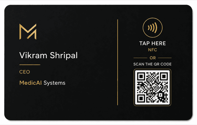 Black and gold NFC business card with name, title, QR code, and tap area.