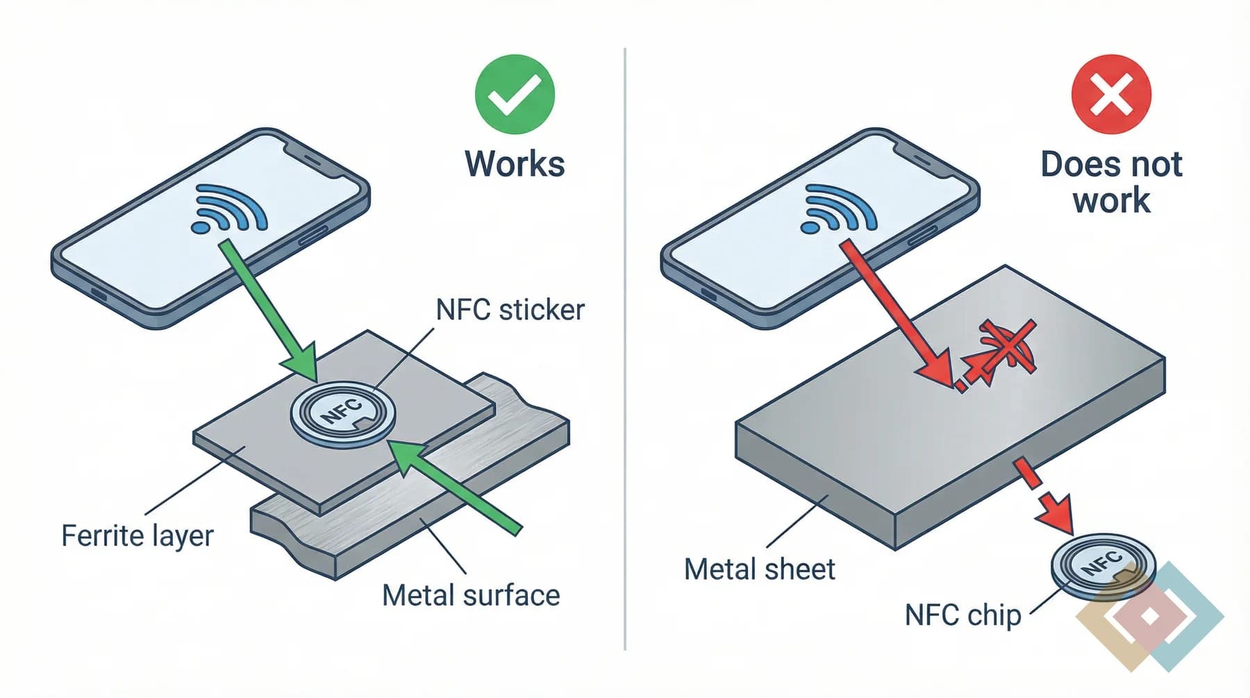 Diagram showing anti-metal NFC working on metal and normal NFC failing when metal blocks the phone from the chip.