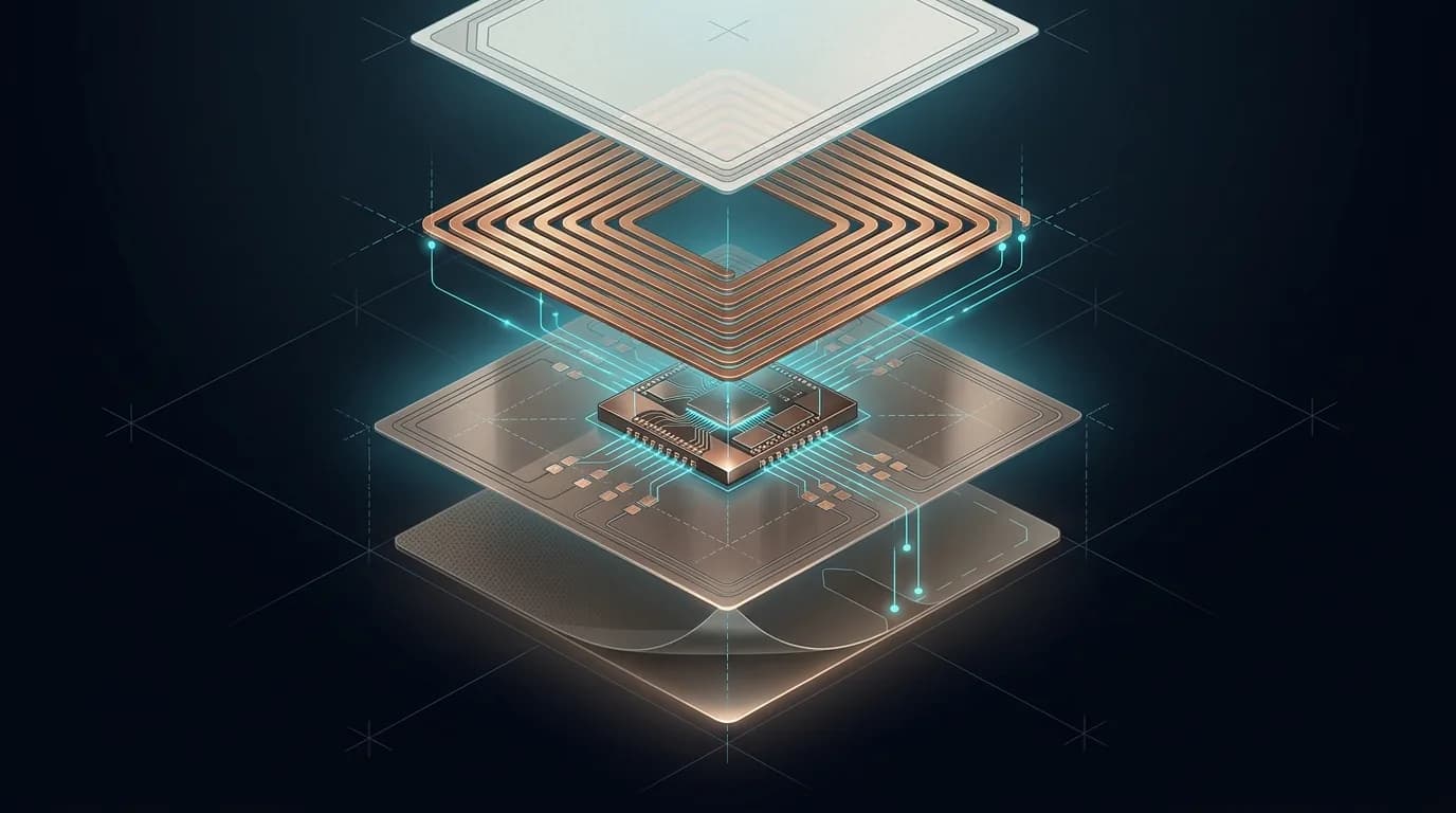 Exploded view of an NFC tag showing four layers from top to bottom: the printable face overlay, the copper antenna coil, the NTAG chip bonded to the antenna, and the adhesive substrate.