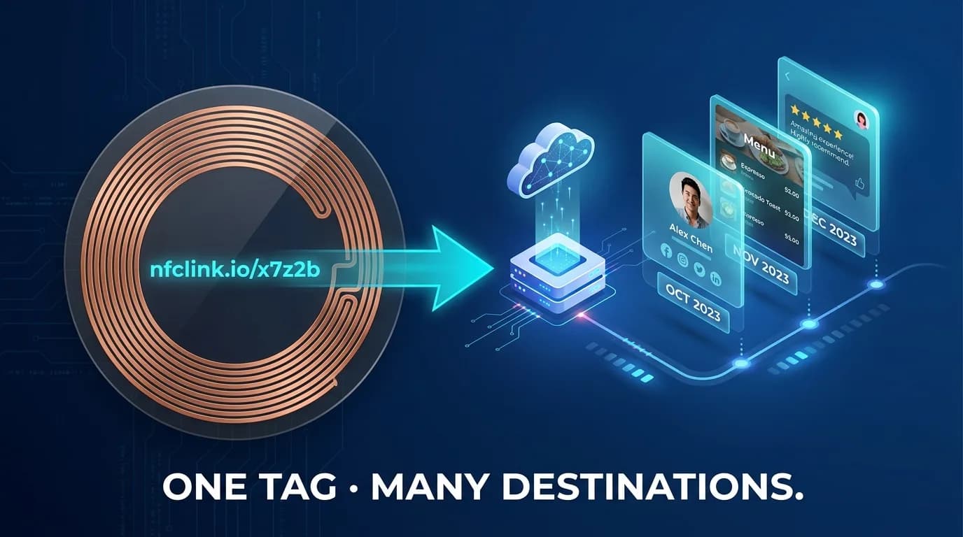A single copper NFC tag holding the short link nfclink.io/x7z2b, with an arrow to a server that resolves it to different content over successive months — a profile, then a menu, then a review page.