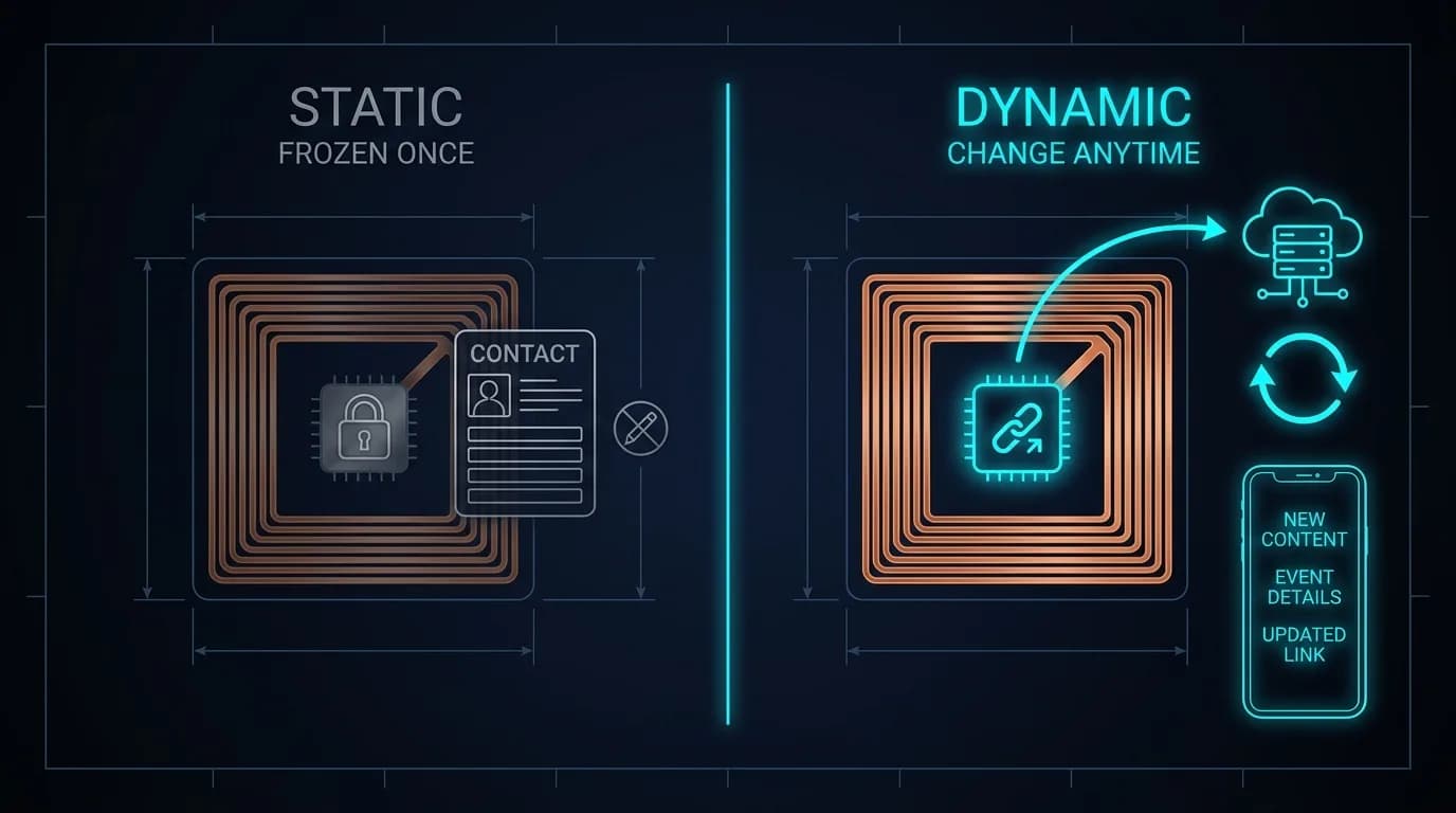 Side-by-side comparison: a static NFC tag with a padlock and frozen contact card labelled 'frozen once', versus a dynamic NFC tag storing a short link that syncs to a cloud server and a phone, labelled 'change anytime'.