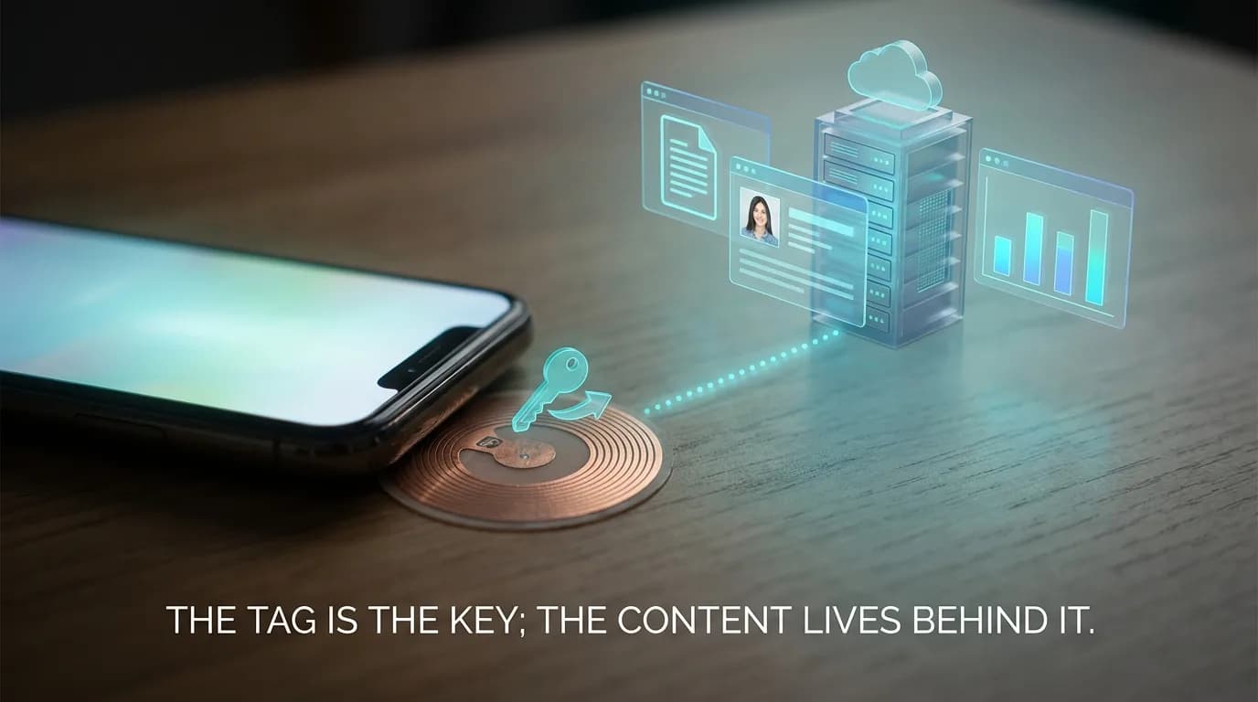 A phone tapping an NFC tag whose chip emits a glowing key icon, linked by a dotted line to a cloud server holding the real content: a document, a profile card, and analytics charts.