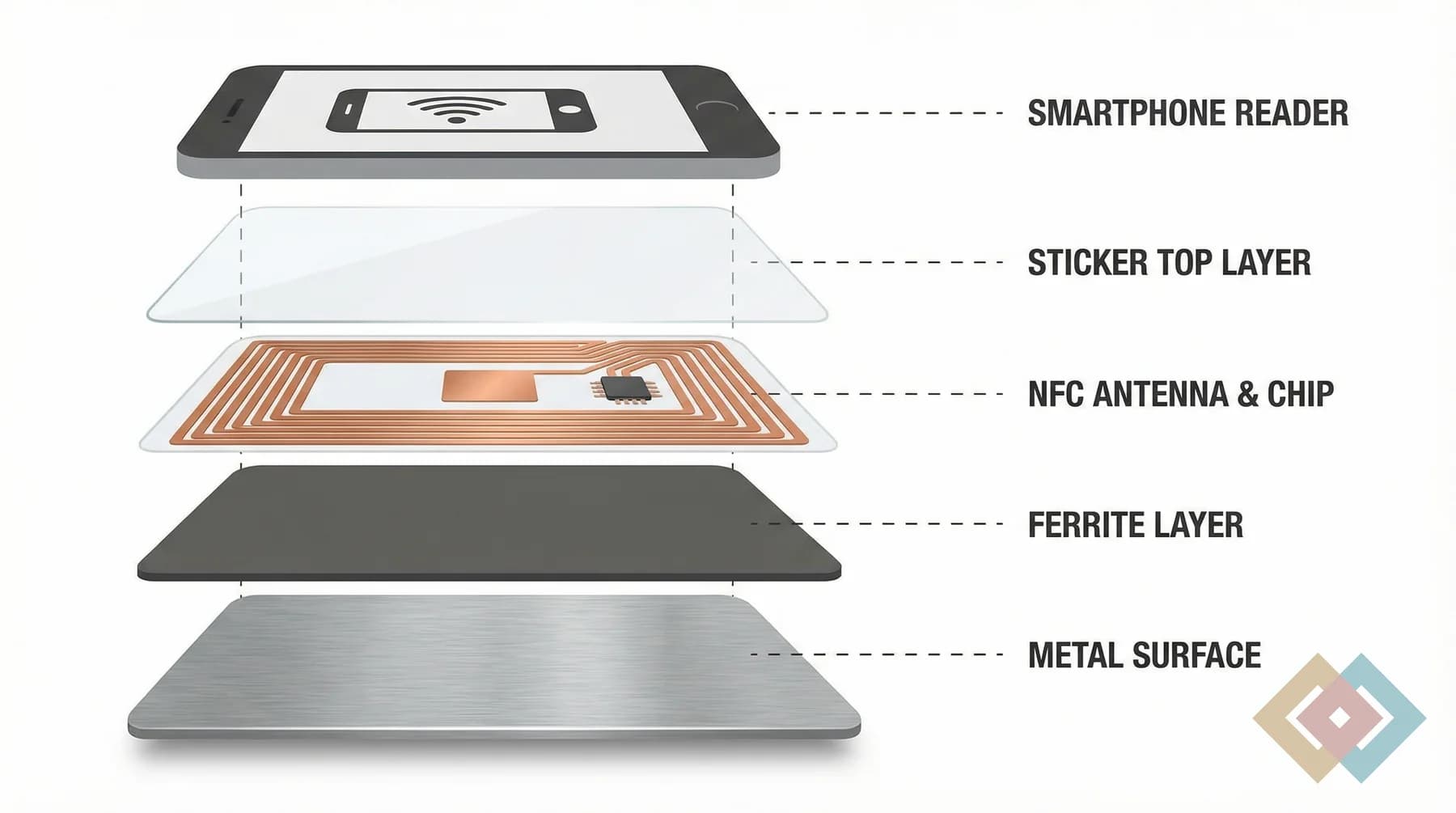 Exploded view of anti-metal NFC layers including chip, ferrite, and metal surface.