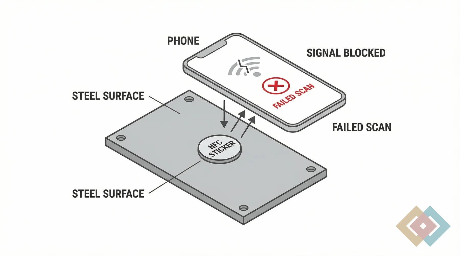 Normal NFC sticker placed directly on metal with a failed scan.