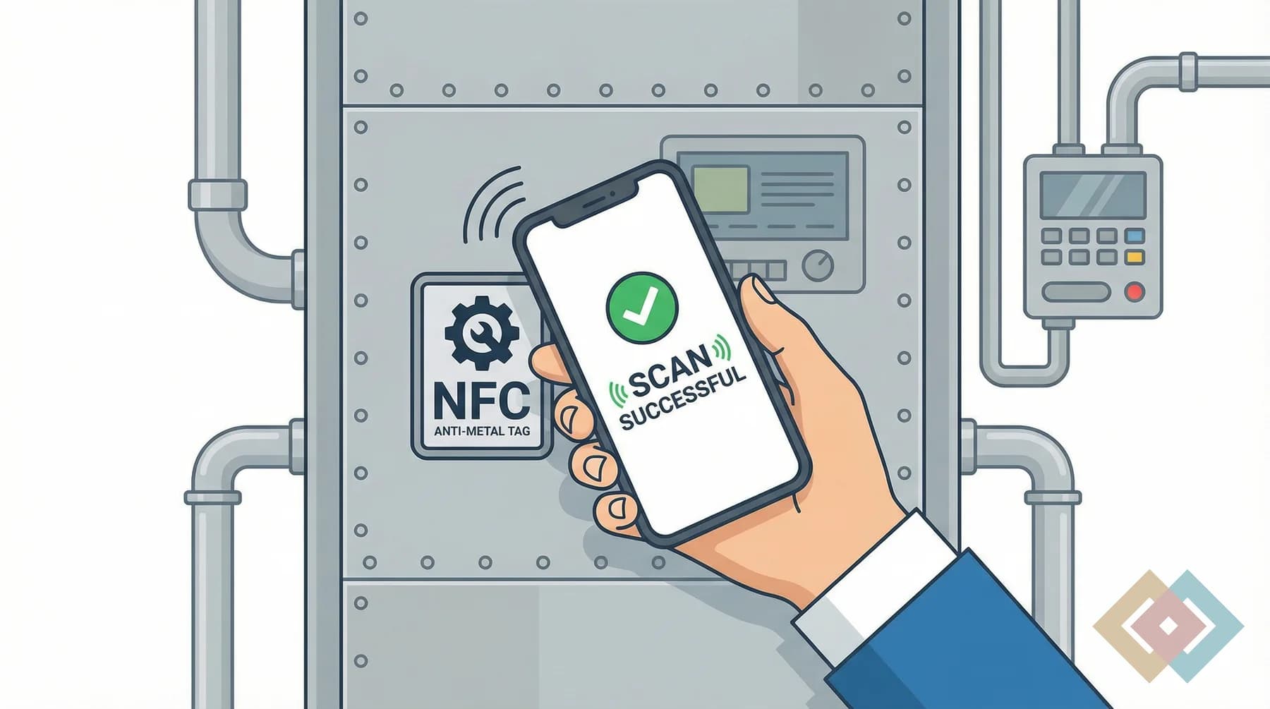 Anti-metal NFC label being scanned successfully on a metal machine panel.