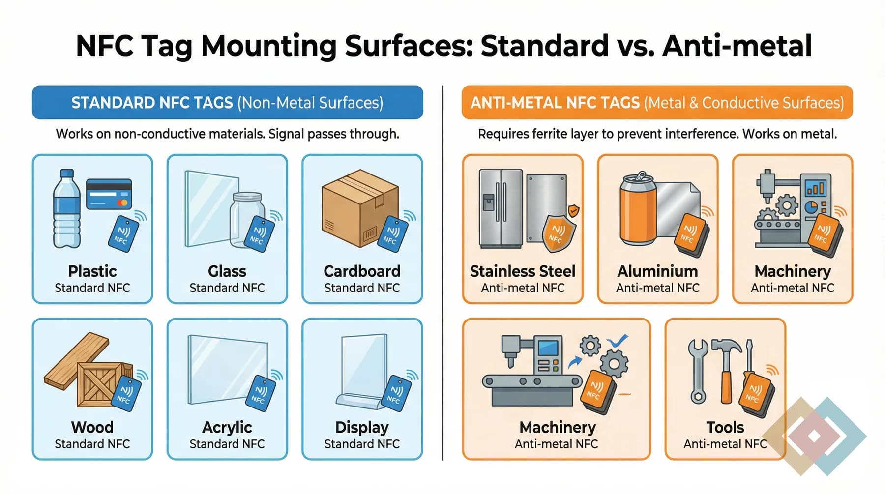 Surface guide comparing standard NFC surfaces and anti-metal NFC surfaces.