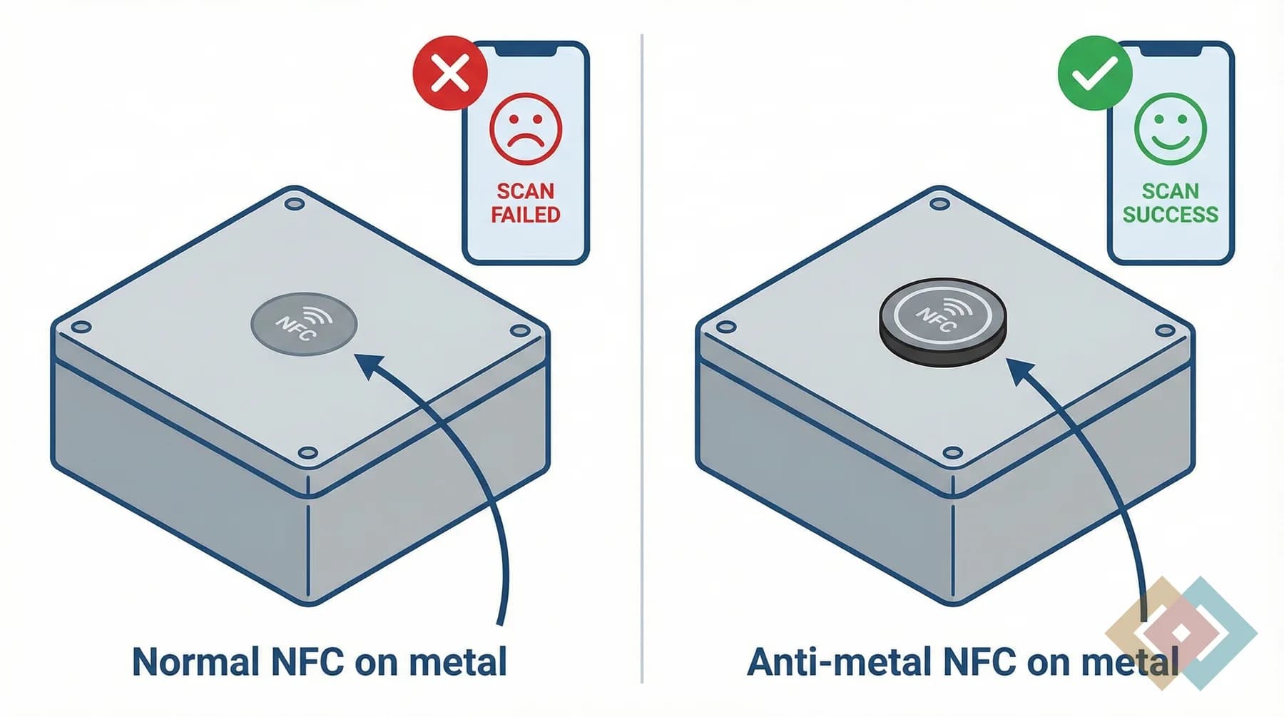 Side by side comparison of normal NFC failing on metal and anti-metal NFC working on the same surface.
