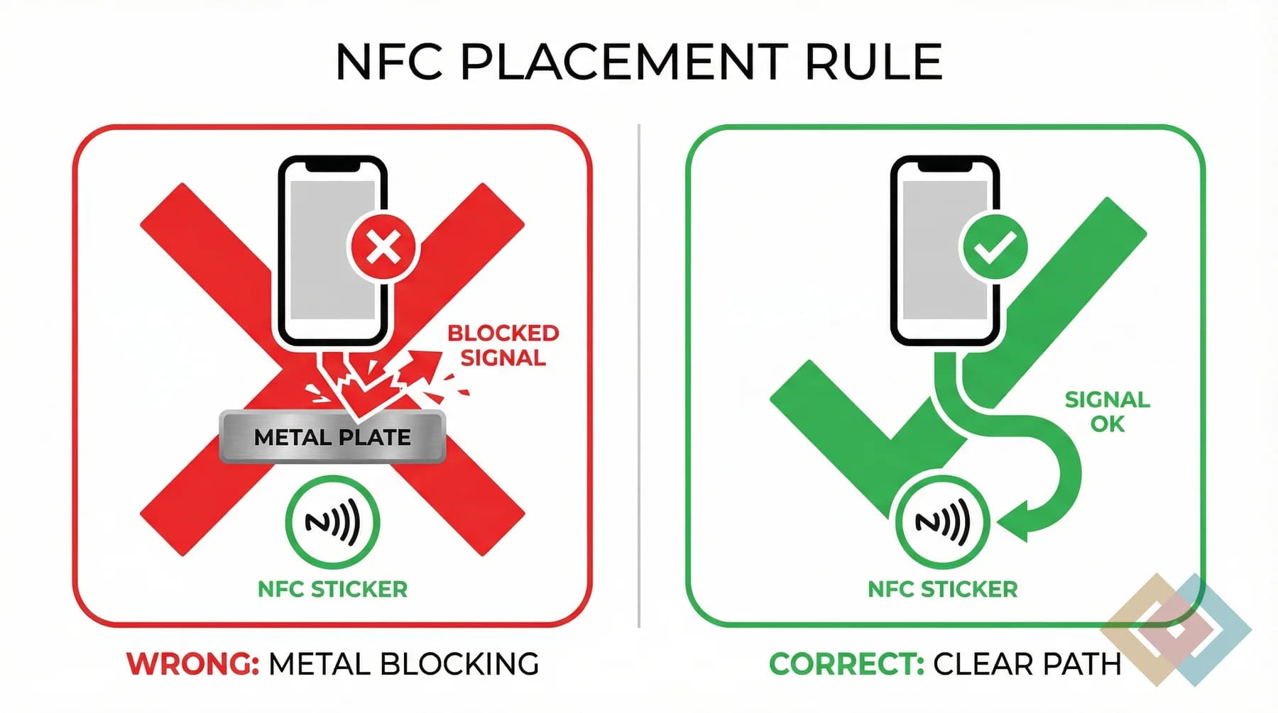 Simple infographic showing the right and wrong way to place NFC near metal.