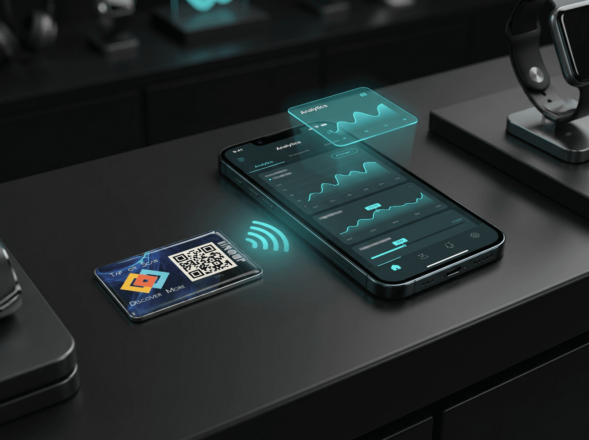 LINQS dynamic NFC QR sticker shown with phone tap and analytics