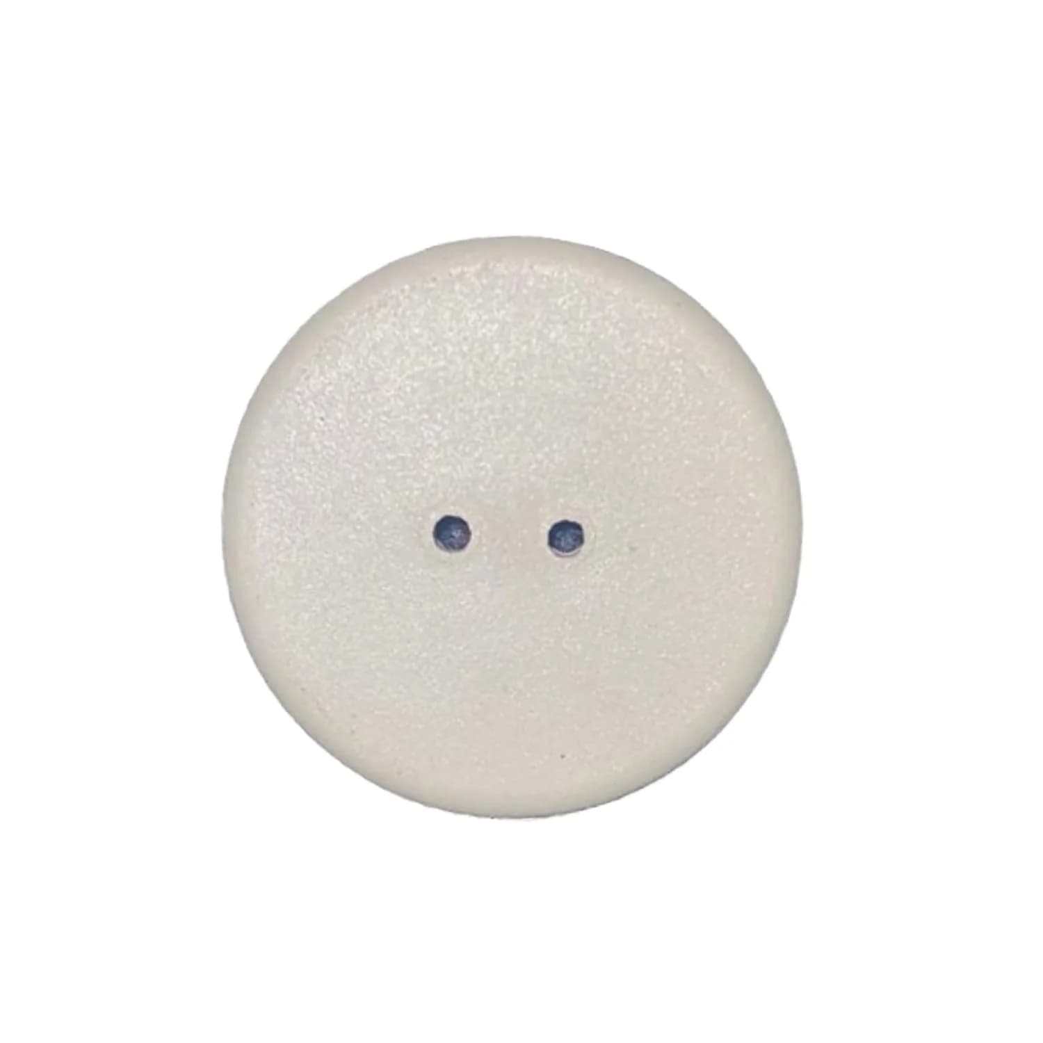 White circular laundry tag with two small holes in the center on a plain background.