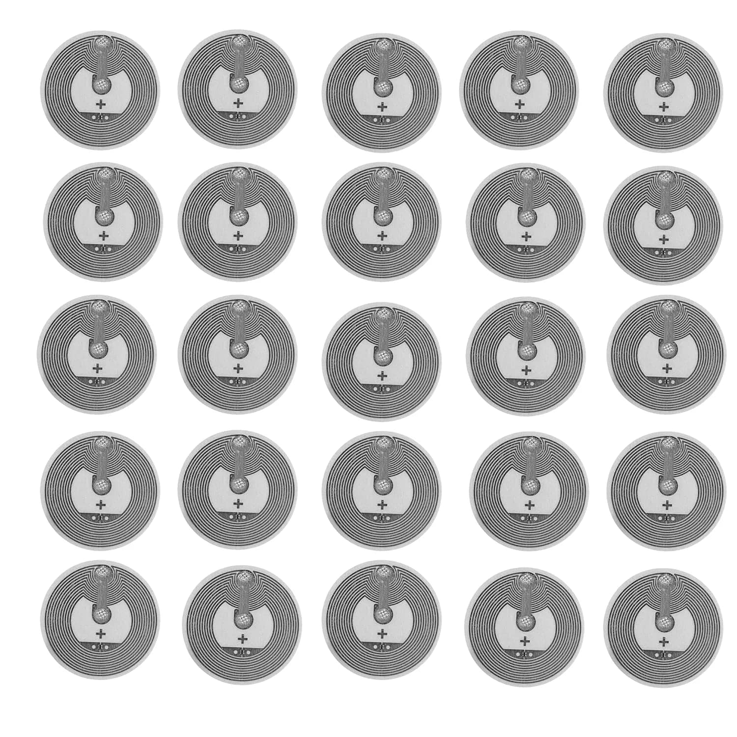 Twenty-five round white NFC stickers with a visible circular pattern, arranged in a grid on a plain background.