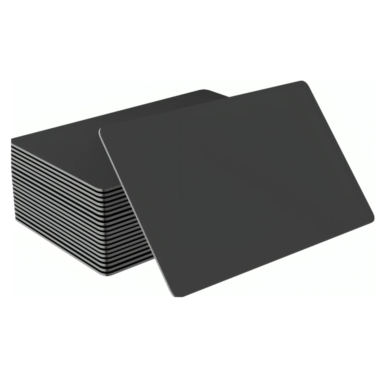 A stack of plain black NFC cards with rounded corners on a white background.