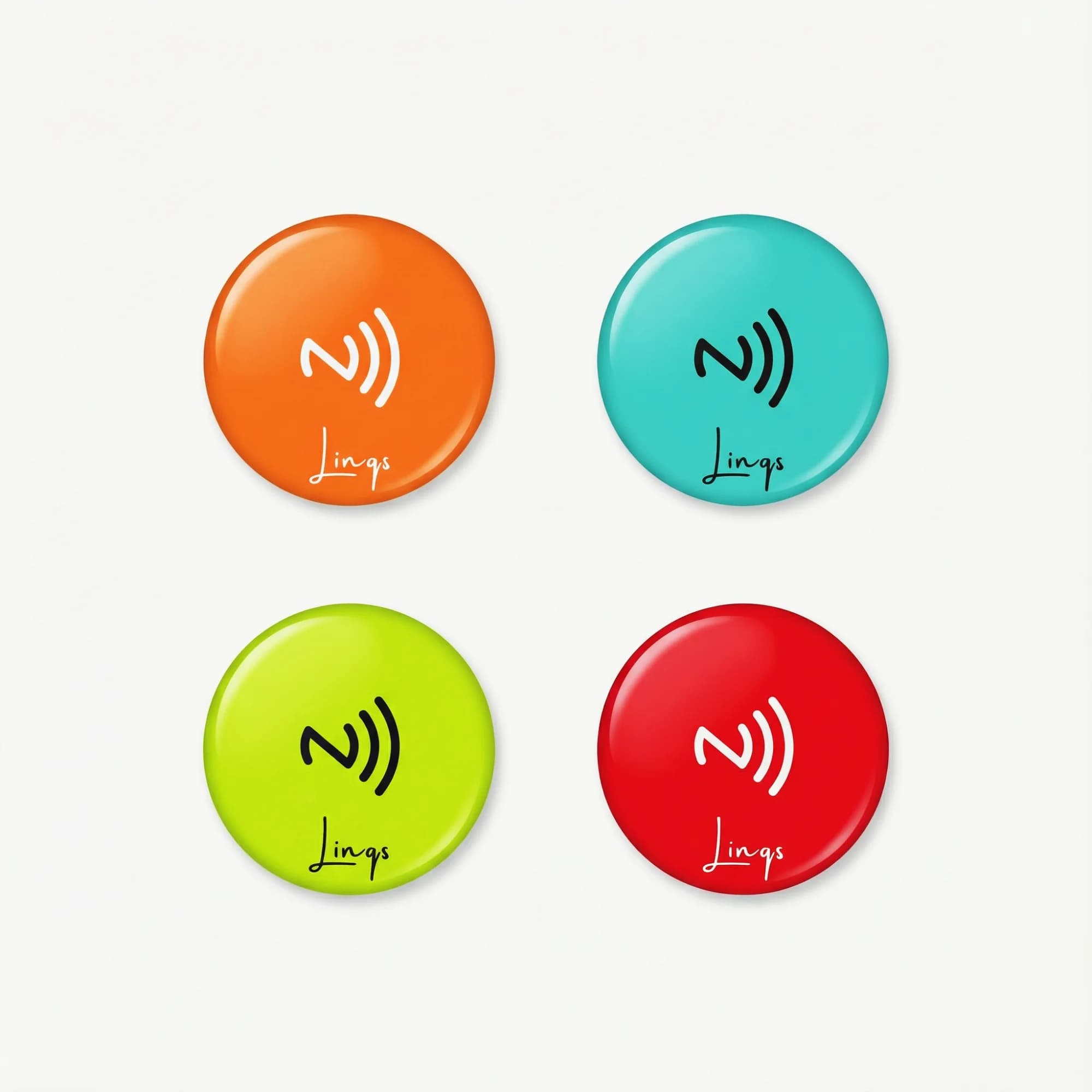 Four glossy, colorful NFC sticker tags in orange, teal, lime green, and red with a logo and text.