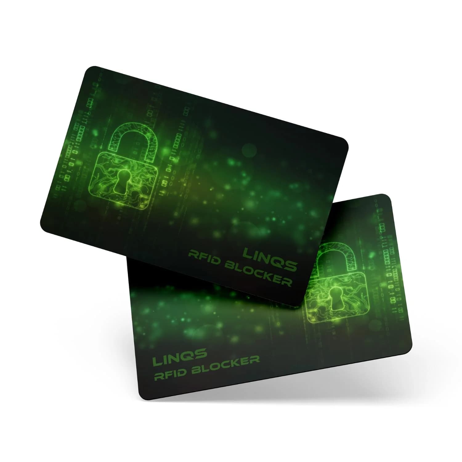 Two green RFID blocking cards with a digital lock design and "LINQS RFID BLOCKER" text.