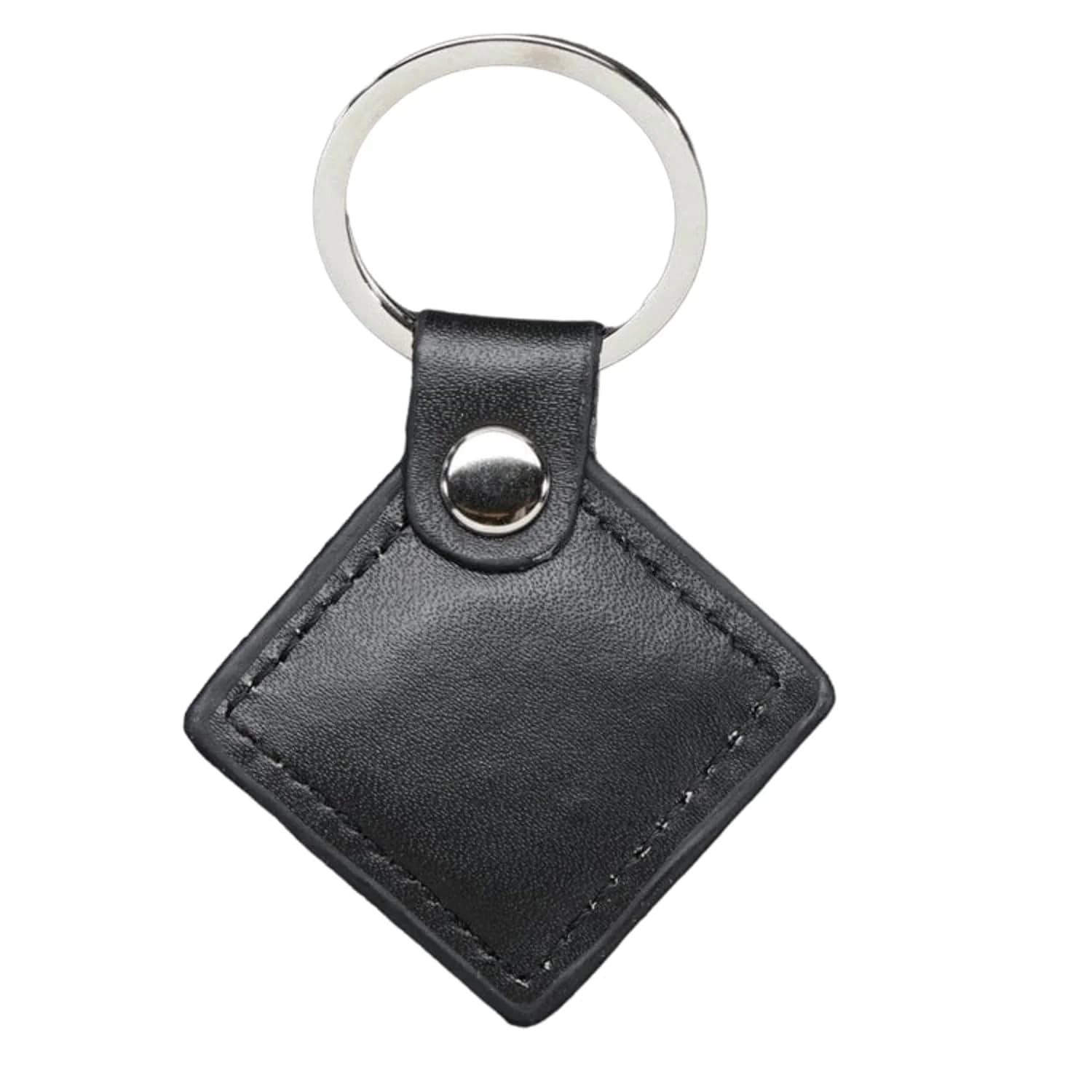 Black faux leather keychain with a silver ring and a diamond-shaped tag.