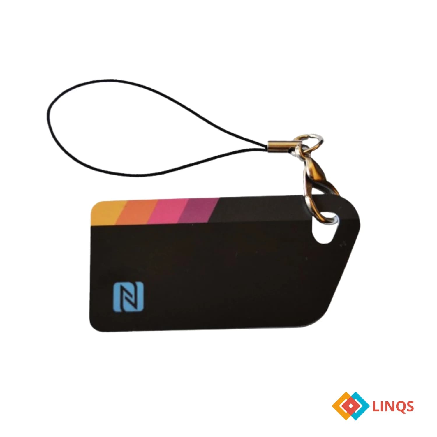 Black NFC key card with a colorful stripe, attached to a black loop, on a white background.