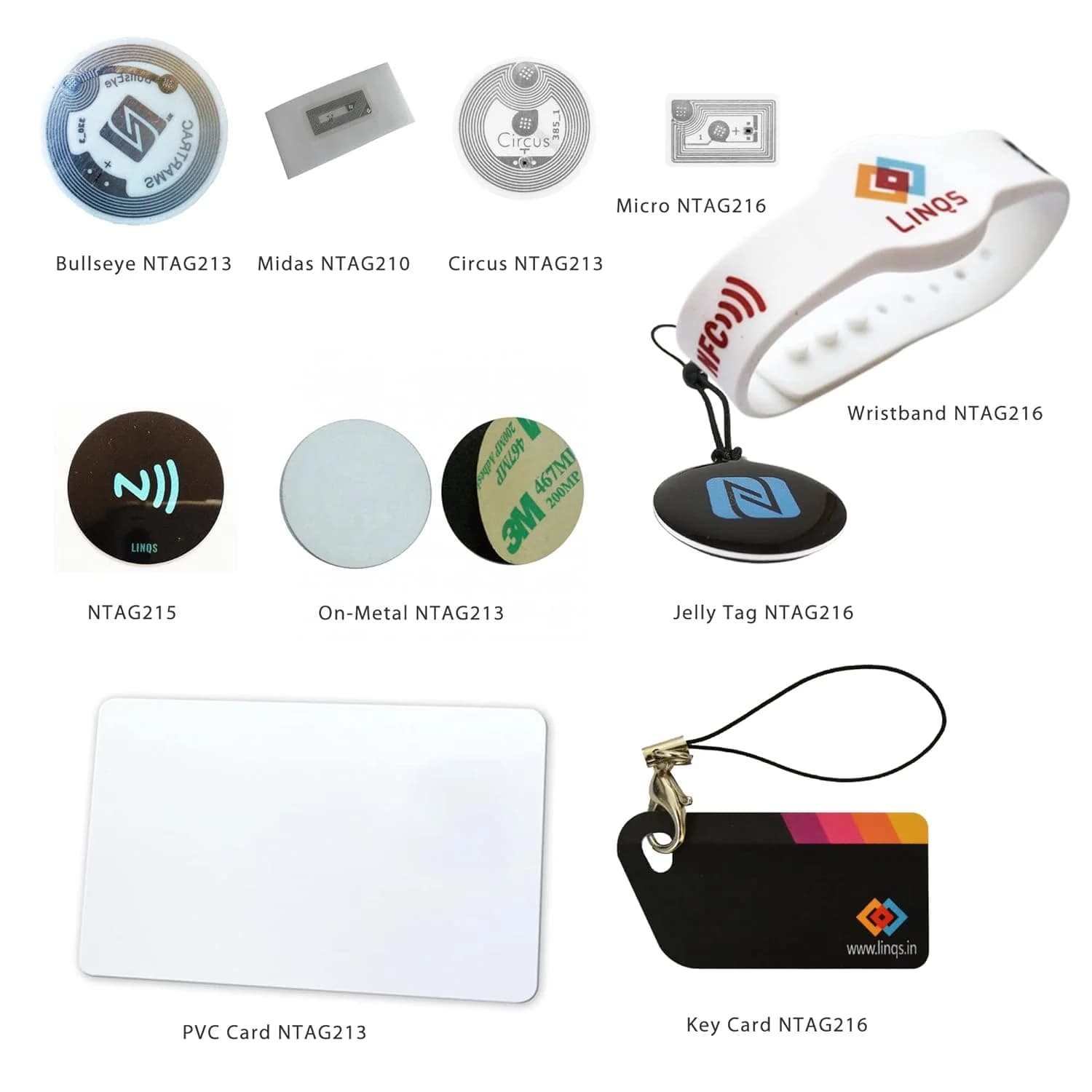 Various NFC tags and cards displayed on a white background, including a LINQS-branded wristband.