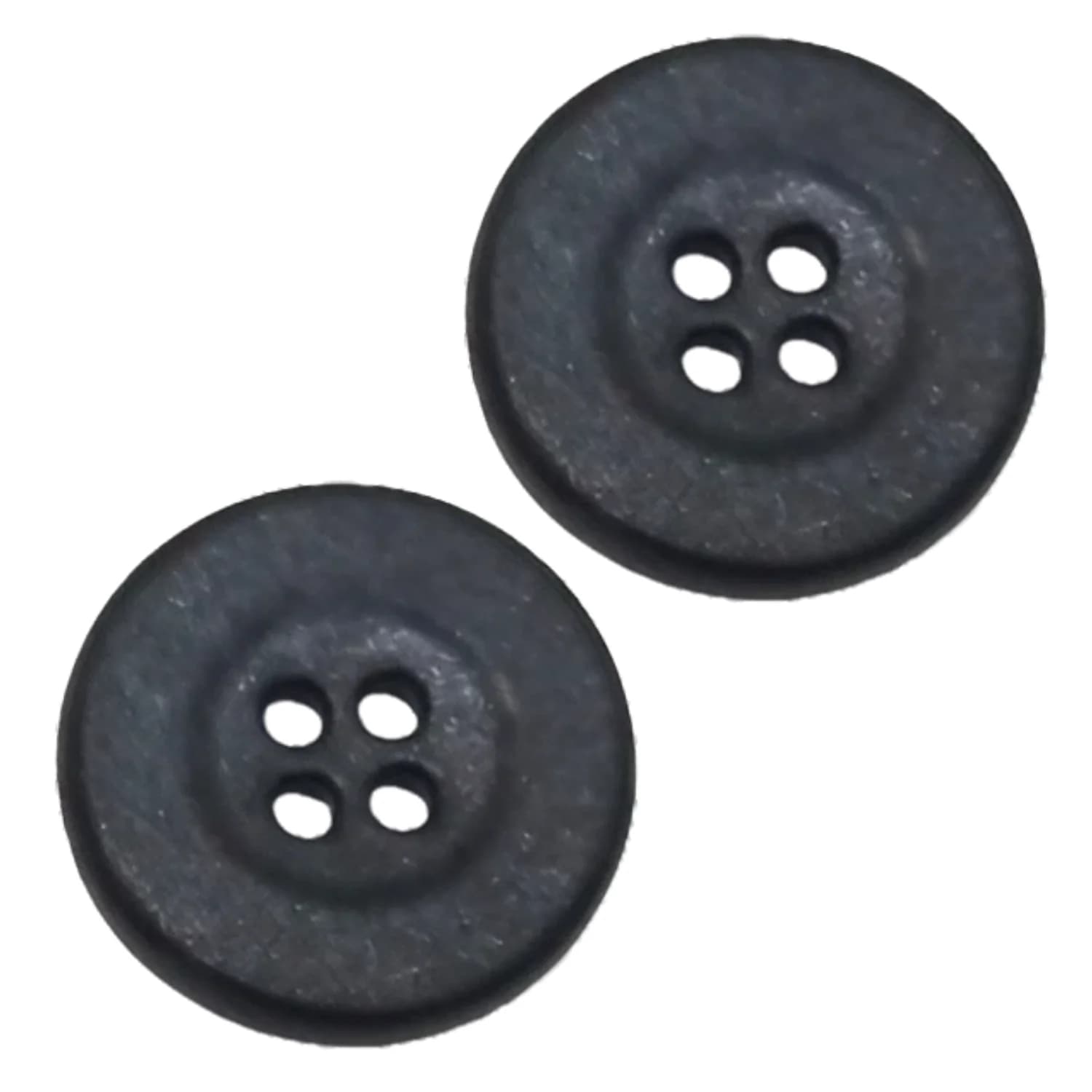 Two small black laundry buttons with four holes each on a white background.