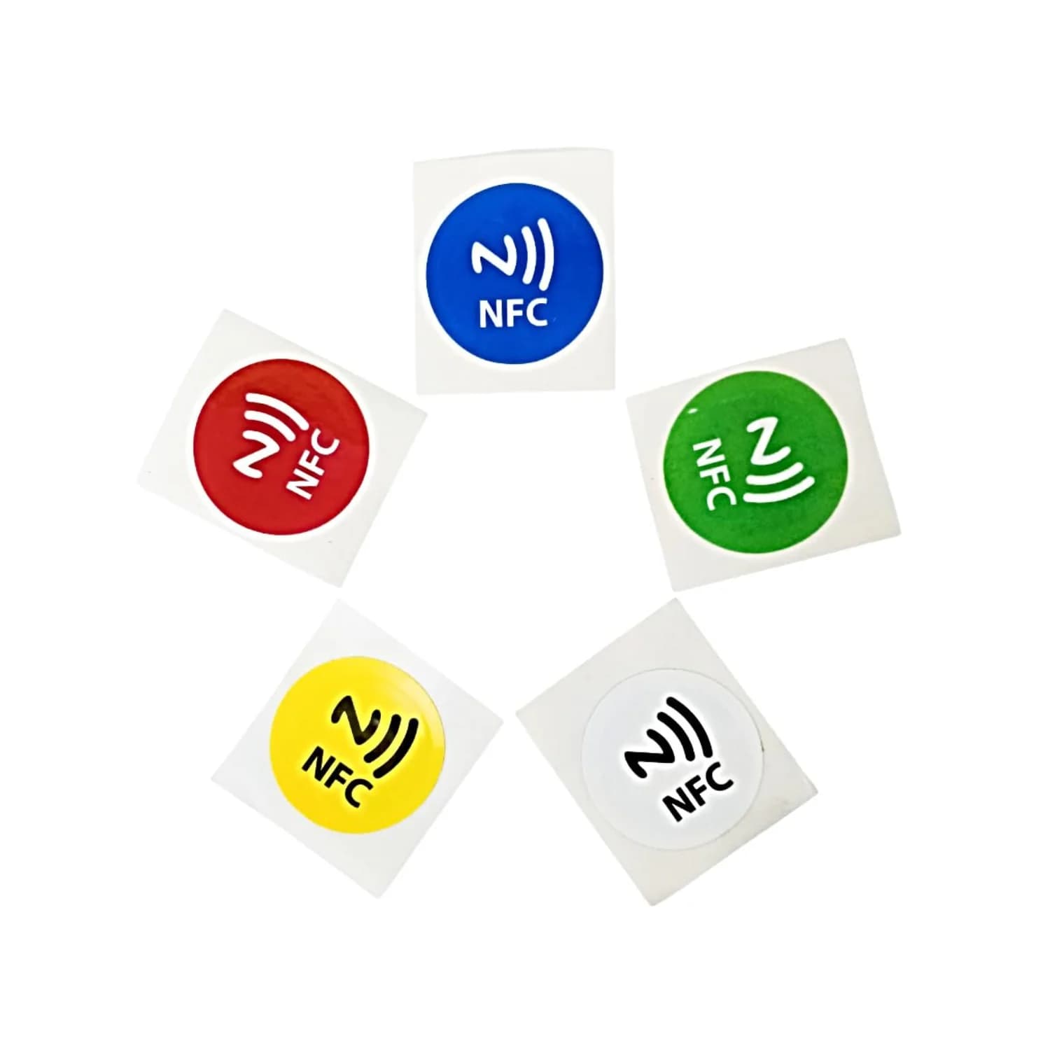 Five colorful NFC stickers with NFC logos in red, blue, green, yellow, and white.