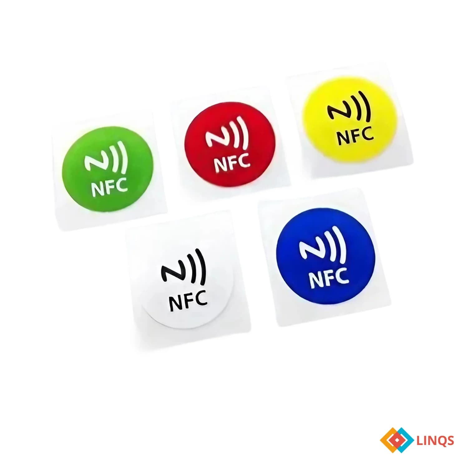 Colorful round NFC stickers in green, red, yellow, white, and blue with "NFC" text.