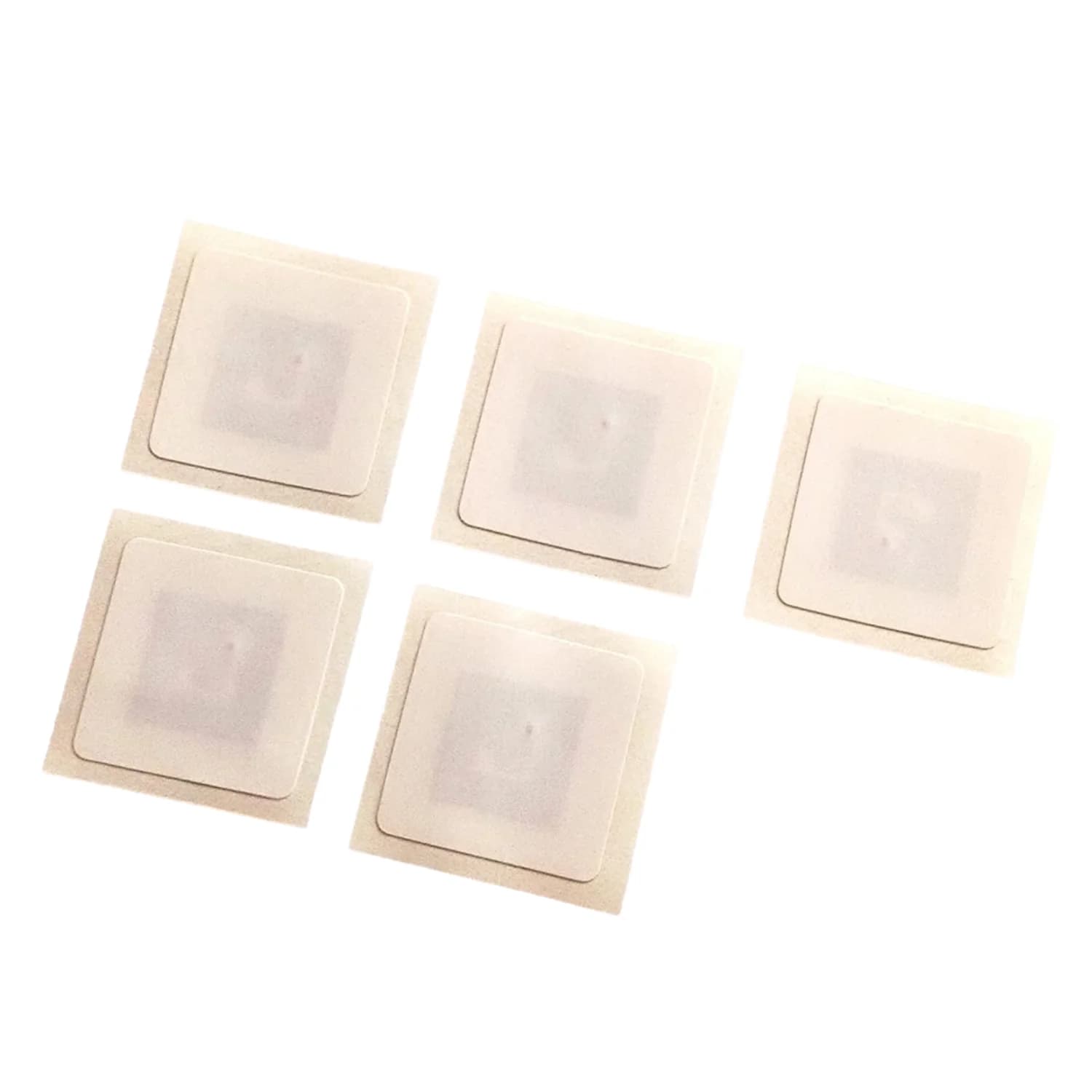 Five square NFC stickers with a translucent appearance arranged on a white background.