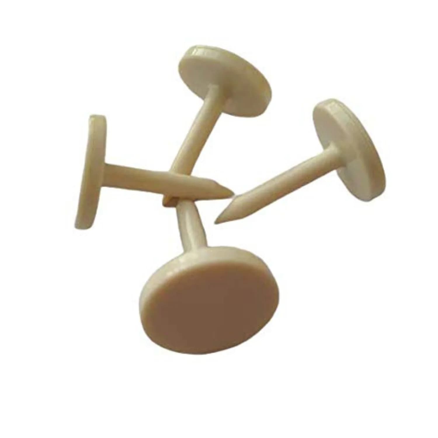 Three beige nail tags with round heads and pointed tips on a white background.