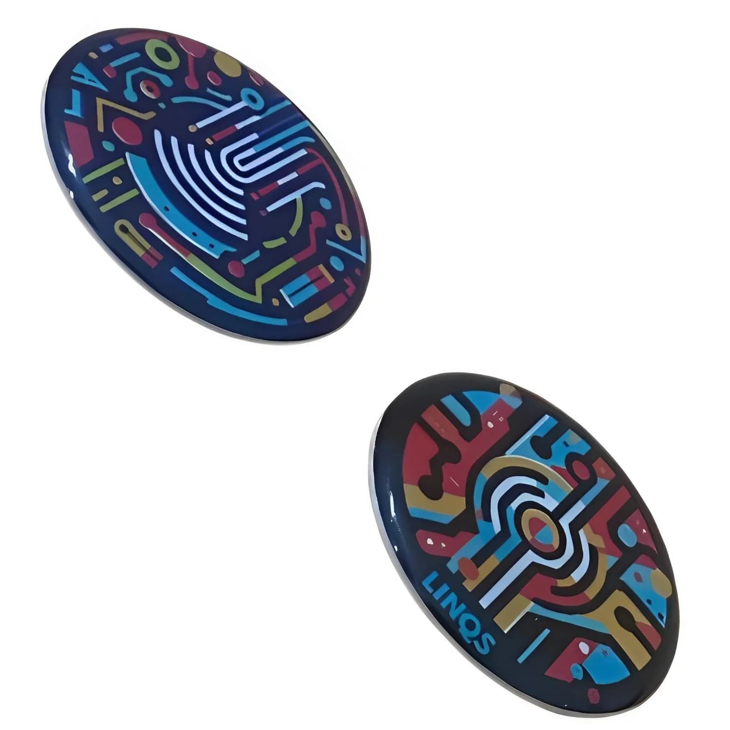 Two colorful, round NFC stickers with intricate circuit patterns and "LINQS" text on one.