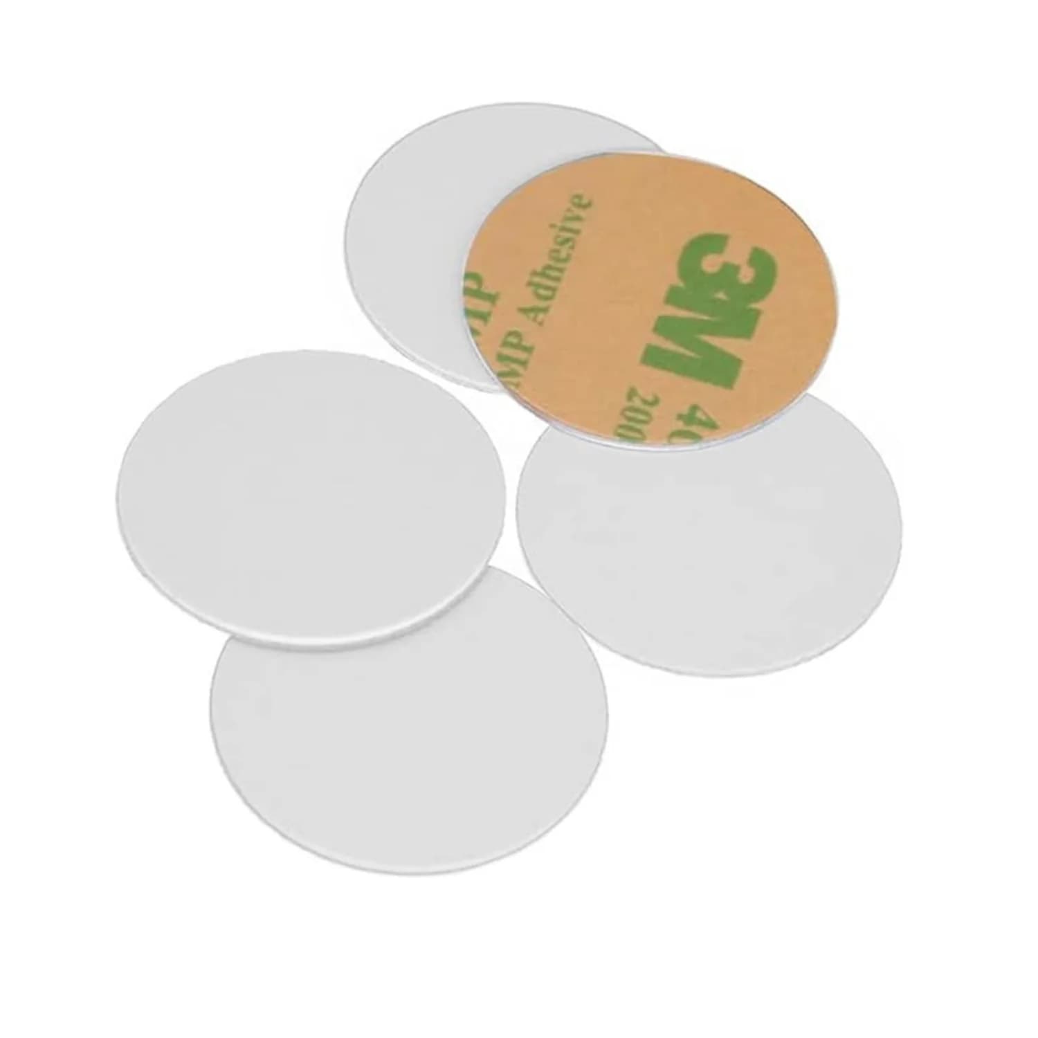 Five round white stickers with one showing a 3M adhesive backing, arranged on a white background.