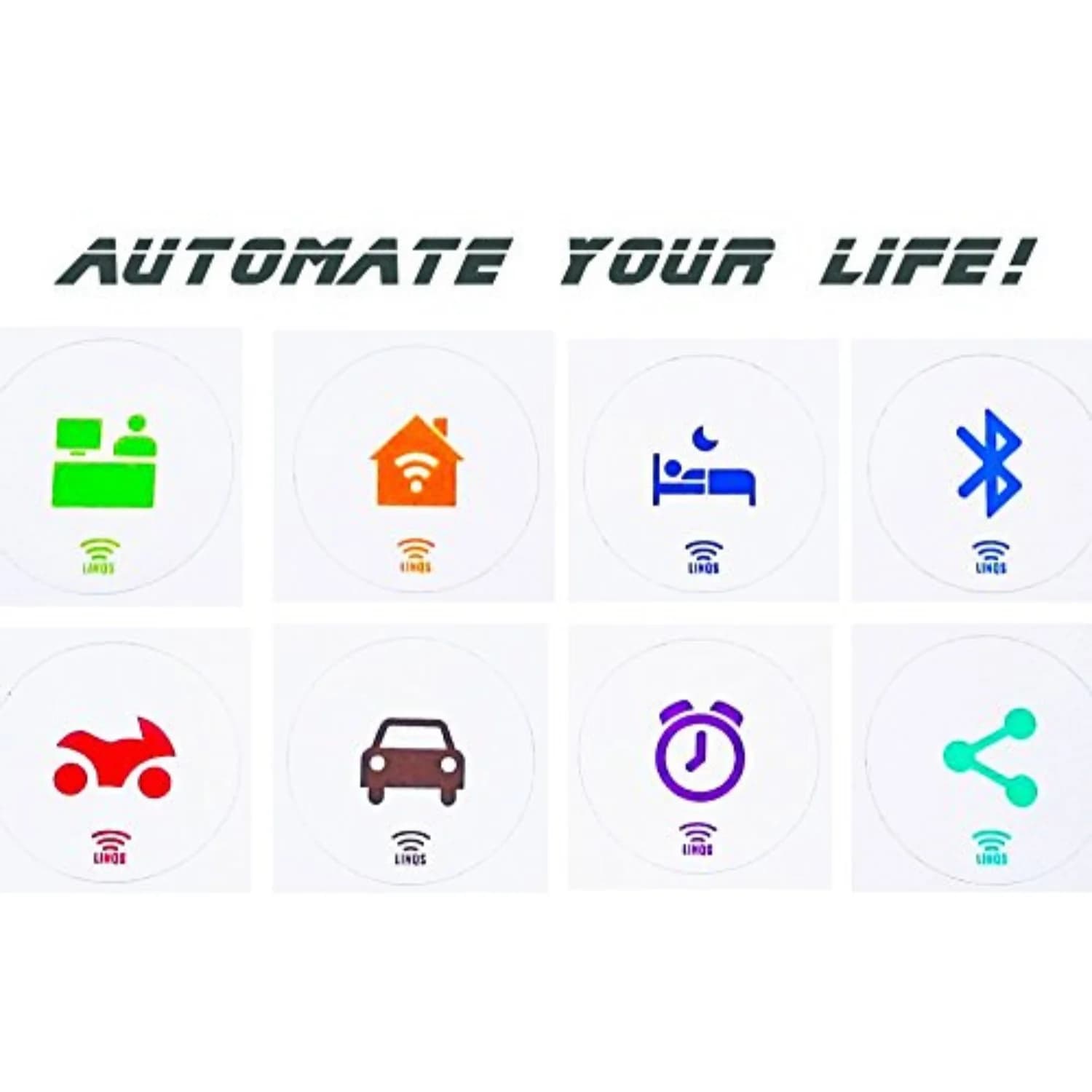 Eight white circular NFC stickers with colorful icons and "LINQS" logo below each.