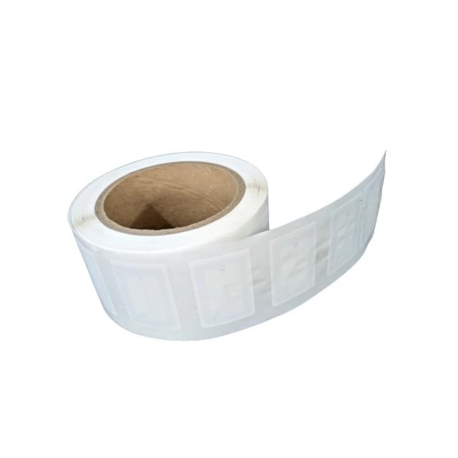 A roll of white rectangular NFC stickers with a visible circuit pattern on each.