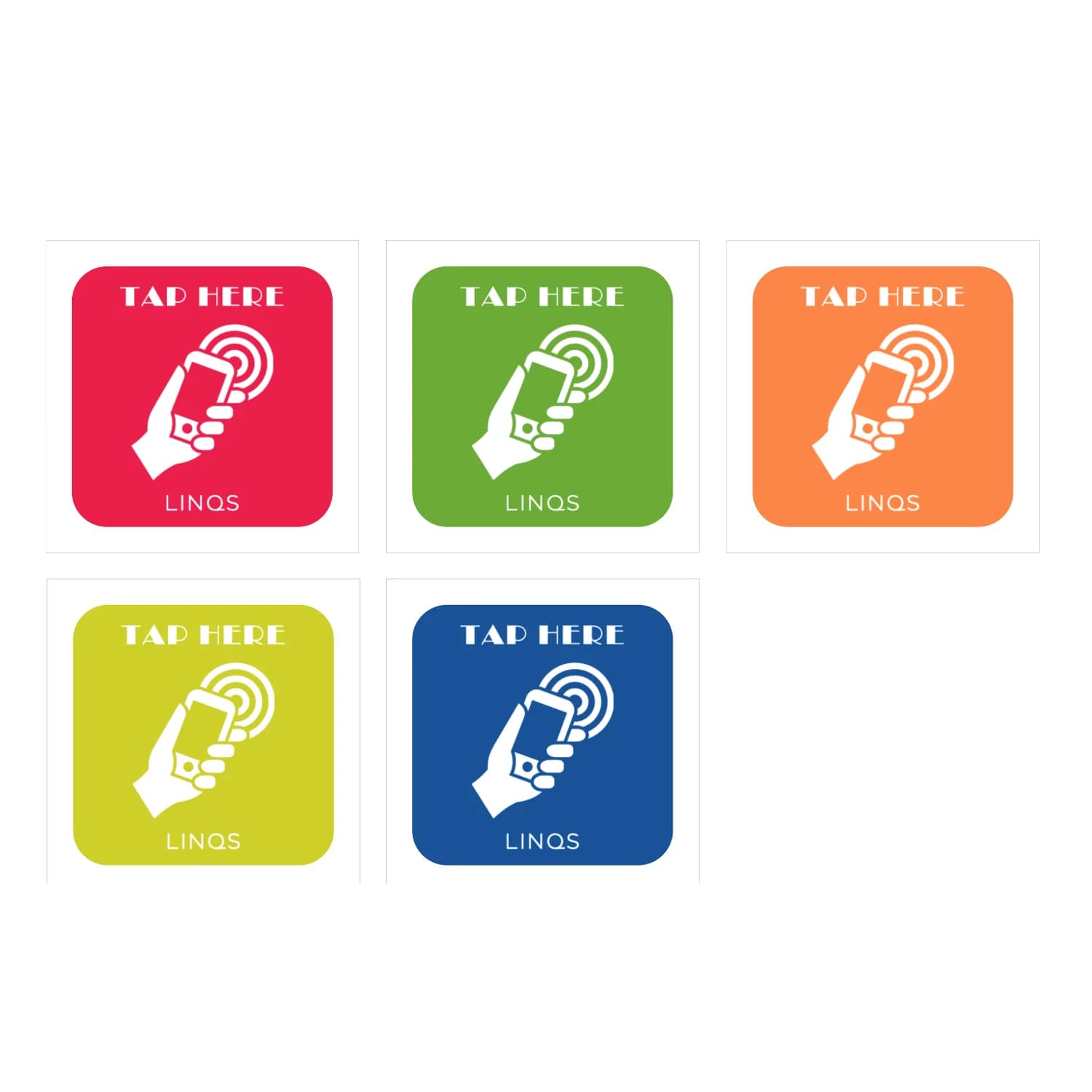 Five square NFC stickers in red, green, orange, yellow, and blue, each with a "Tap Here" logo and a hand icon.