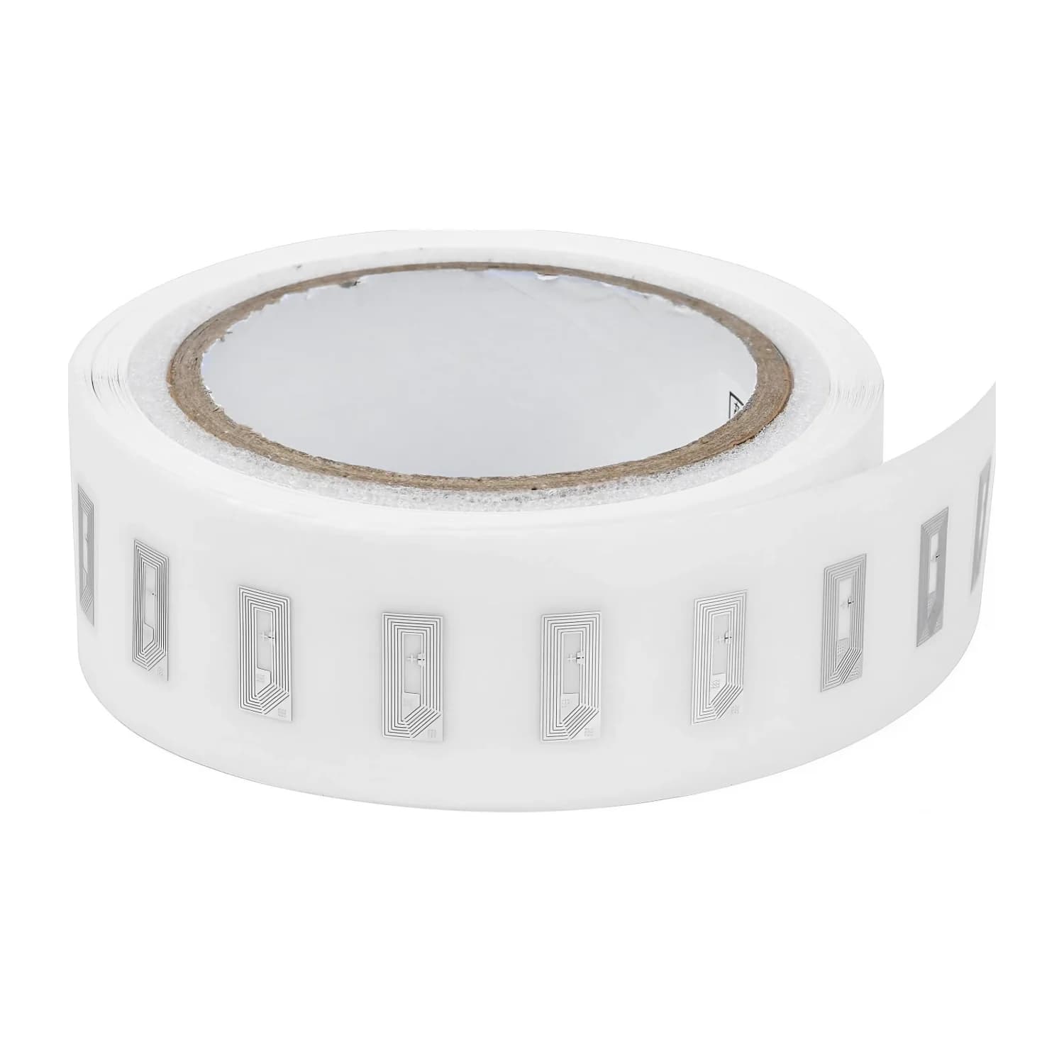 A roll of white NFC stickers with small rectangular silver chips evenly spaced along its length.