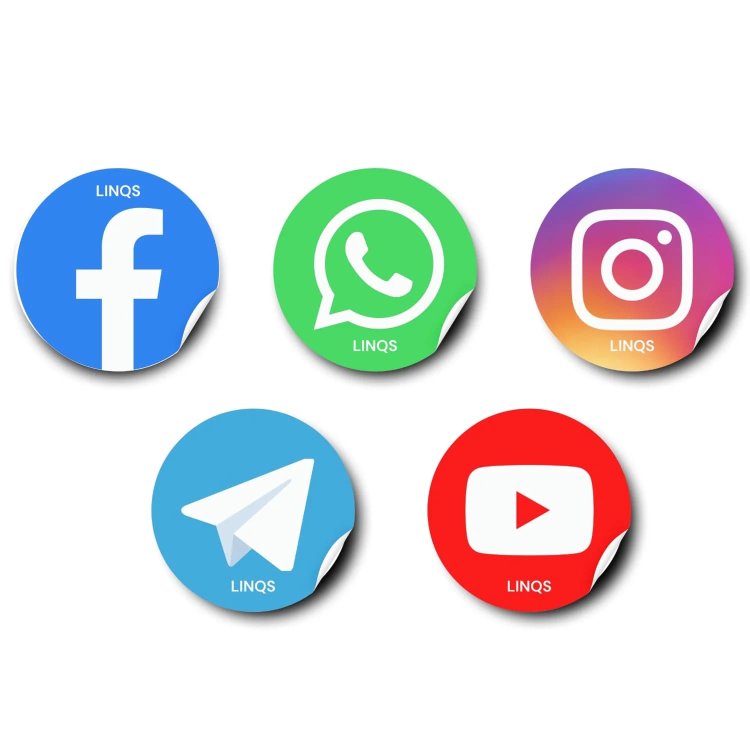 Five colorful round stickers with social media icons on a white background.