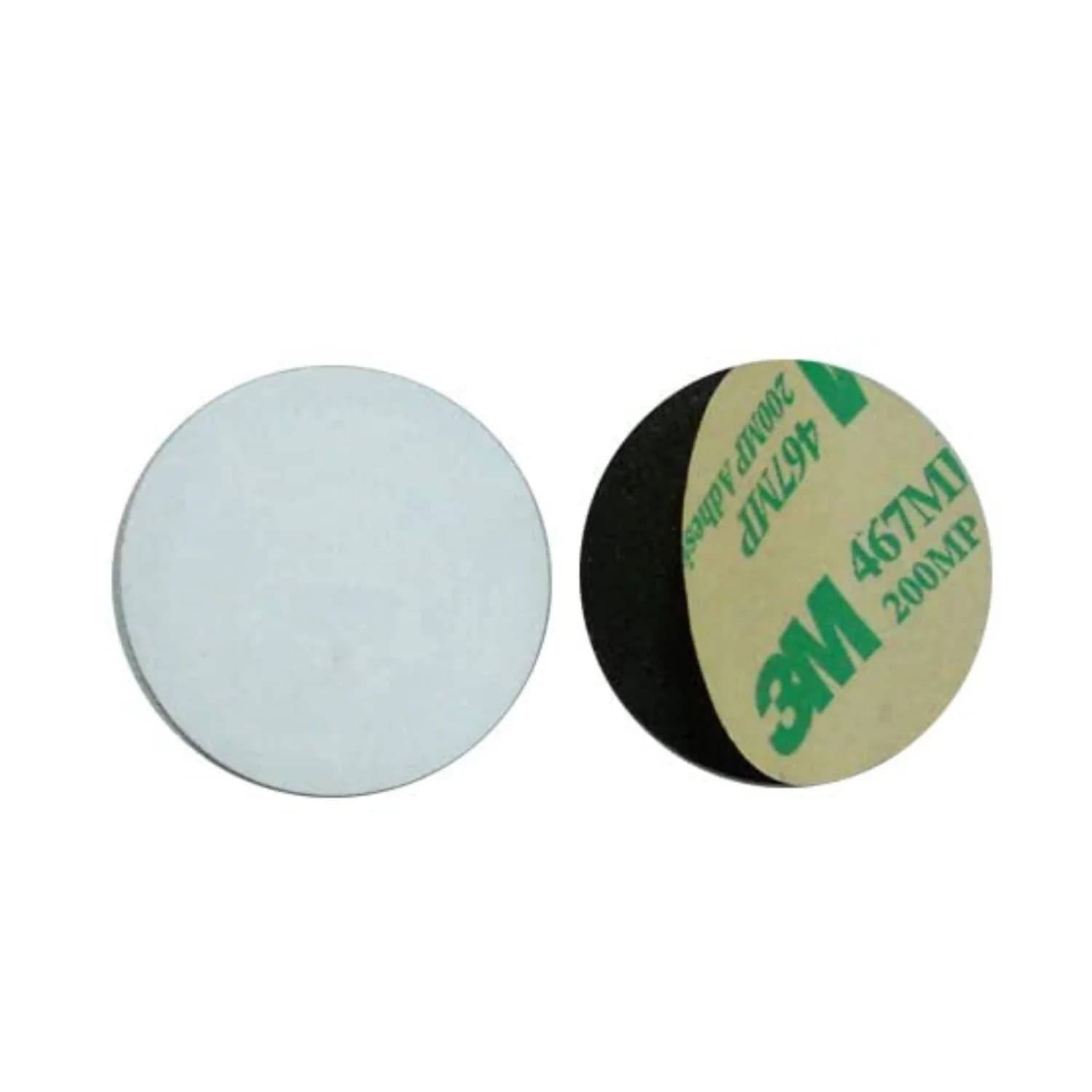 Two round stickers, one white and one with a 3M adhesive backing, on a plain background.