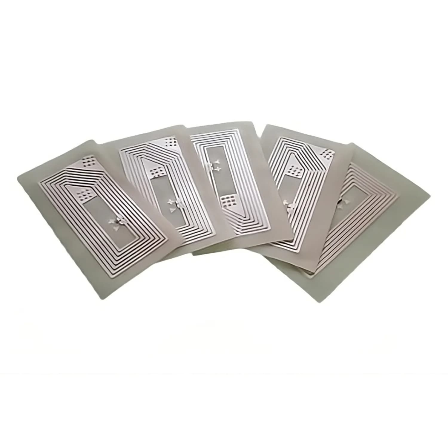 Five small, rectangular NFC stickers with visible circuitry on a white background.