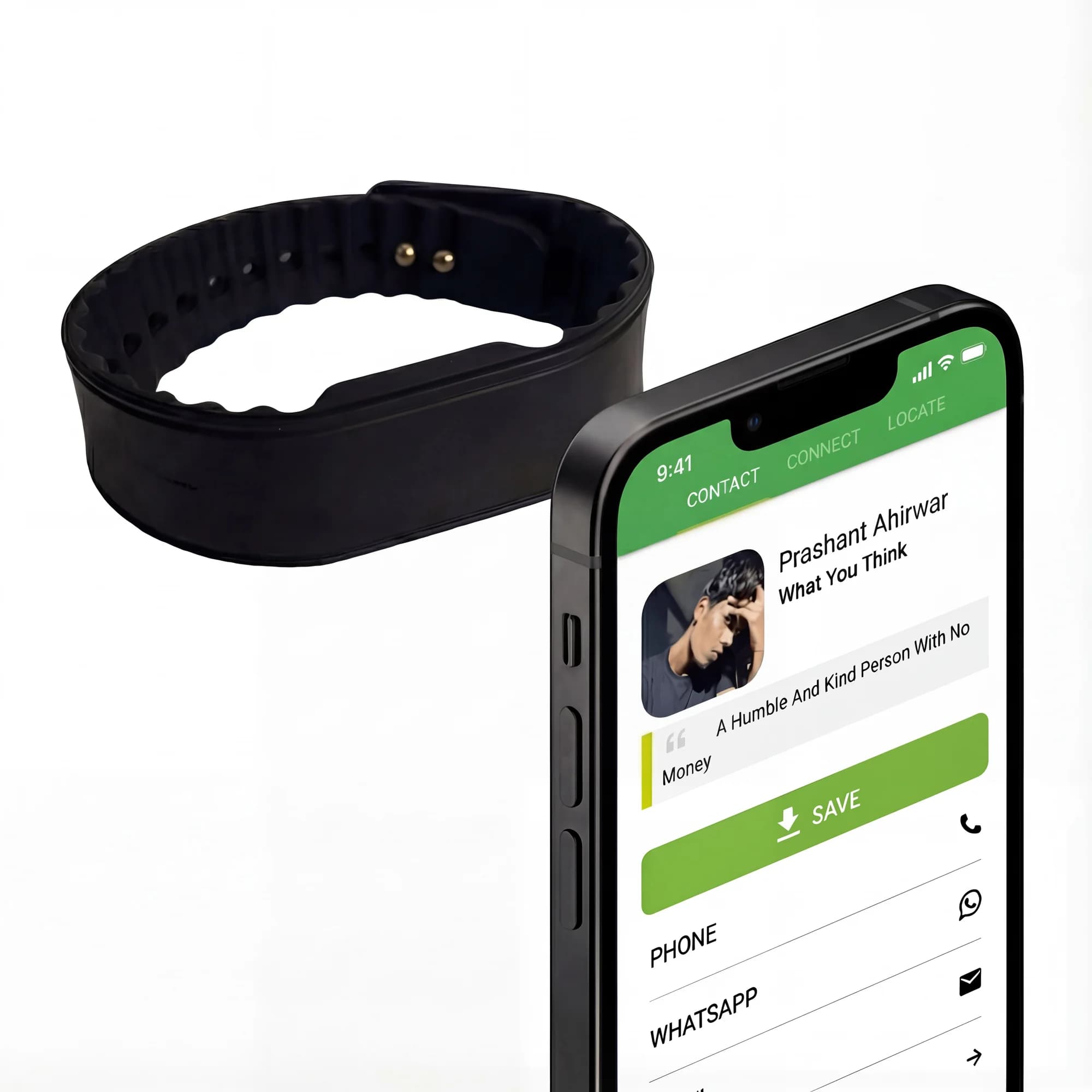 Black silicone wristband next to a smartphone displaying a contact information screen.