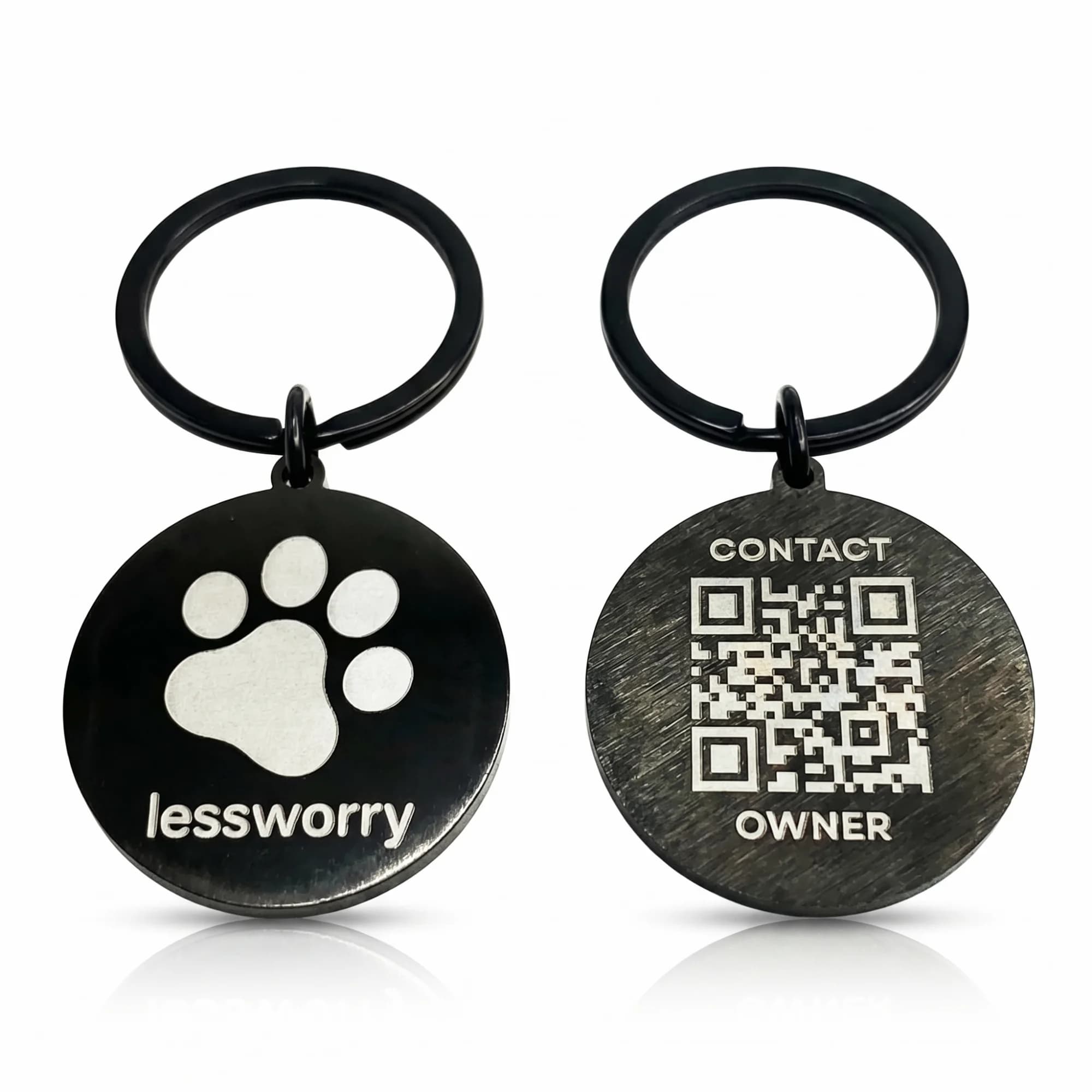 Black stainless steel pet ID tags with engraved text and QR codes, attached to black metal rings.