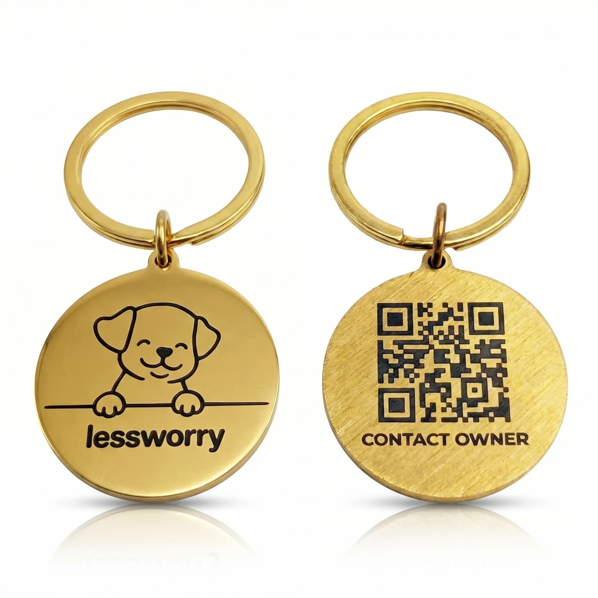 Golden stainless steel pet smart tags with engraved dog illustration and QR code on a round disc, attached to key rings.