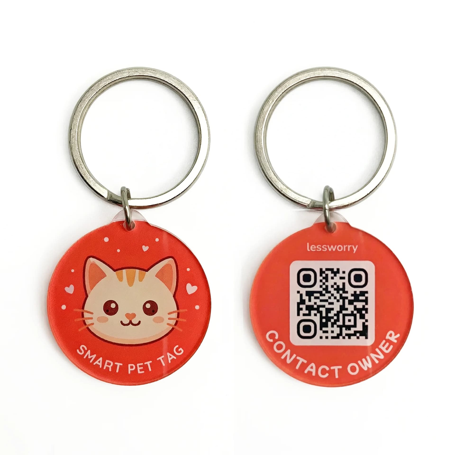 Red circular pet ID tags with a cute ginger kitten face on one side and a QR code with contact information on the other, attached to silver key rings.