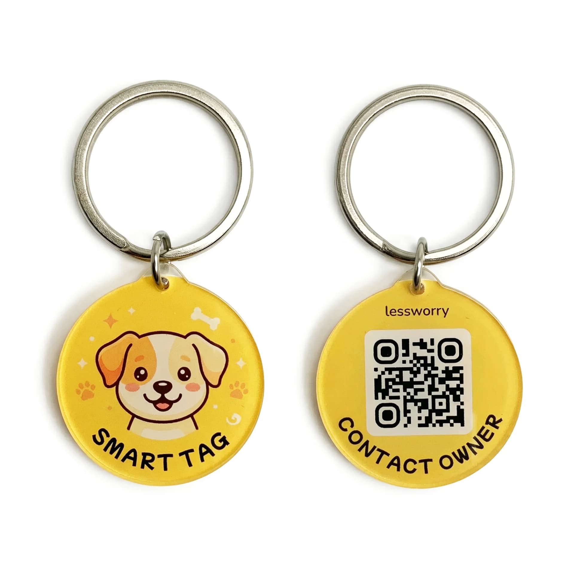 Yellow pet ID keychain with a cartoon dog face on one side and a QR code with contact details on the other side.