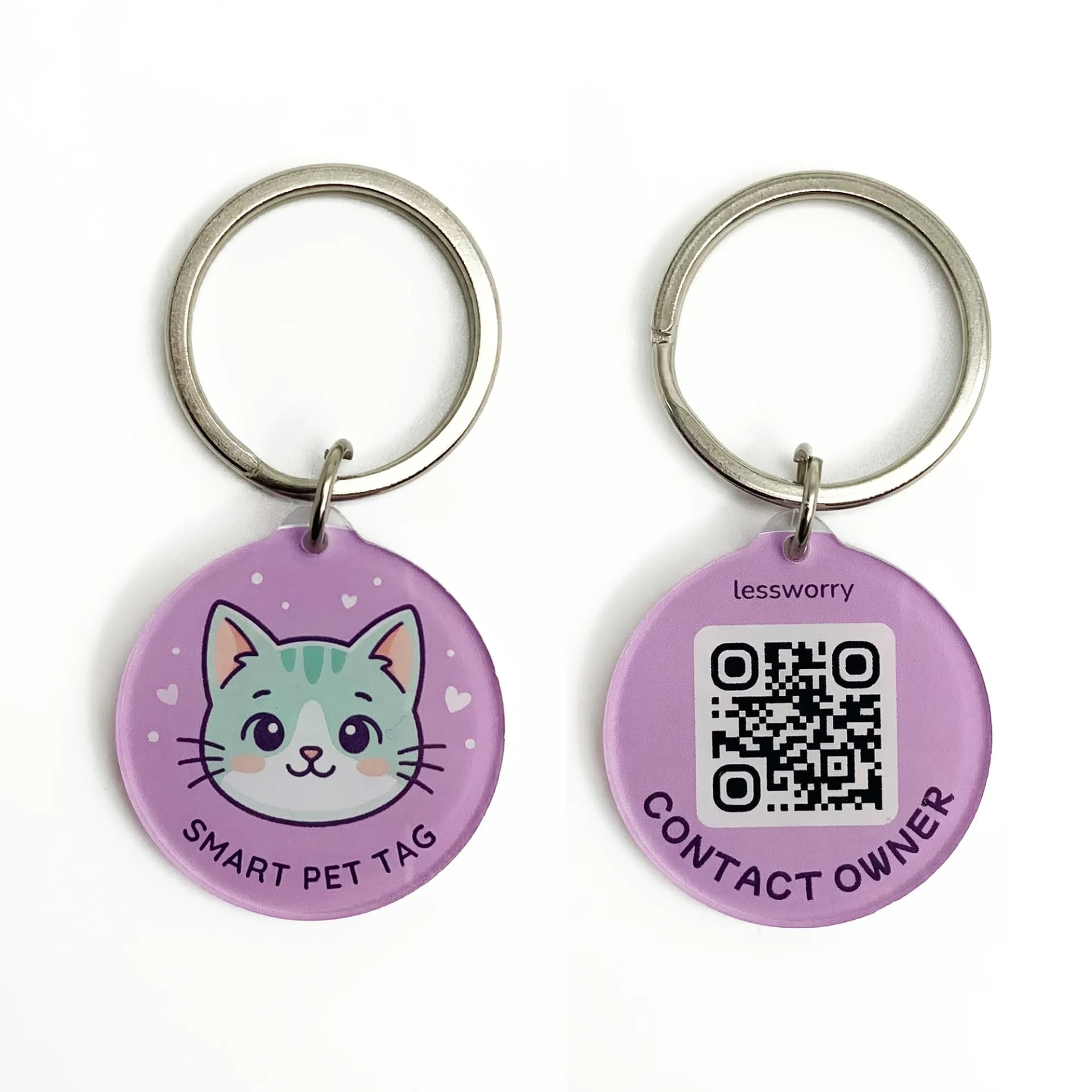 Light purple acrylic pet keychain with a cute cat illustration on one side and a QR code with "lessworry" and "CONTACT OWNER" text on the other side.