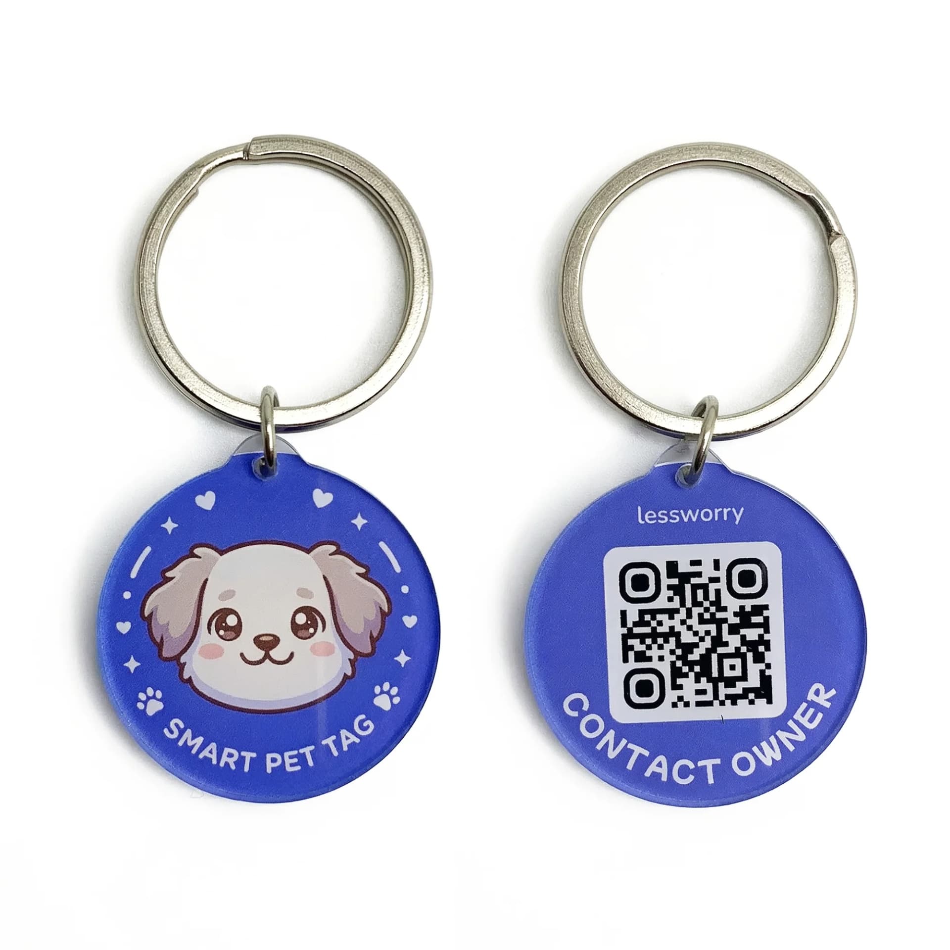 Blue circular pet ID keychain with a cute puppy illustration on one side and a QR code with "lessworry" and "CONTACT OWNER" text on the other side.