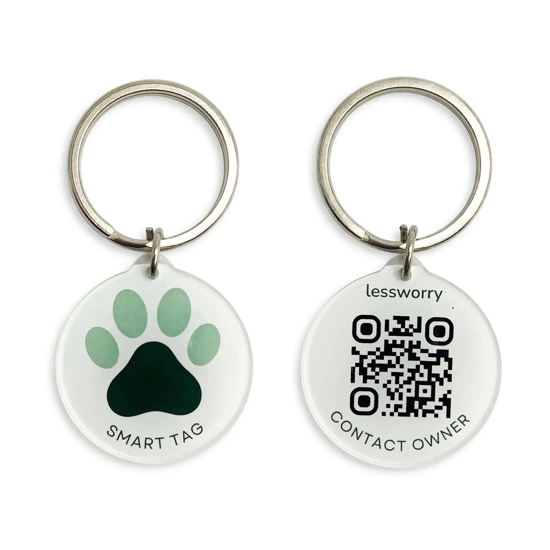 A pair of acrylic pet ID tags on metal keyrings, one displaying a paw print and the words "SMART TAG," the other showing a QR code and contact details.