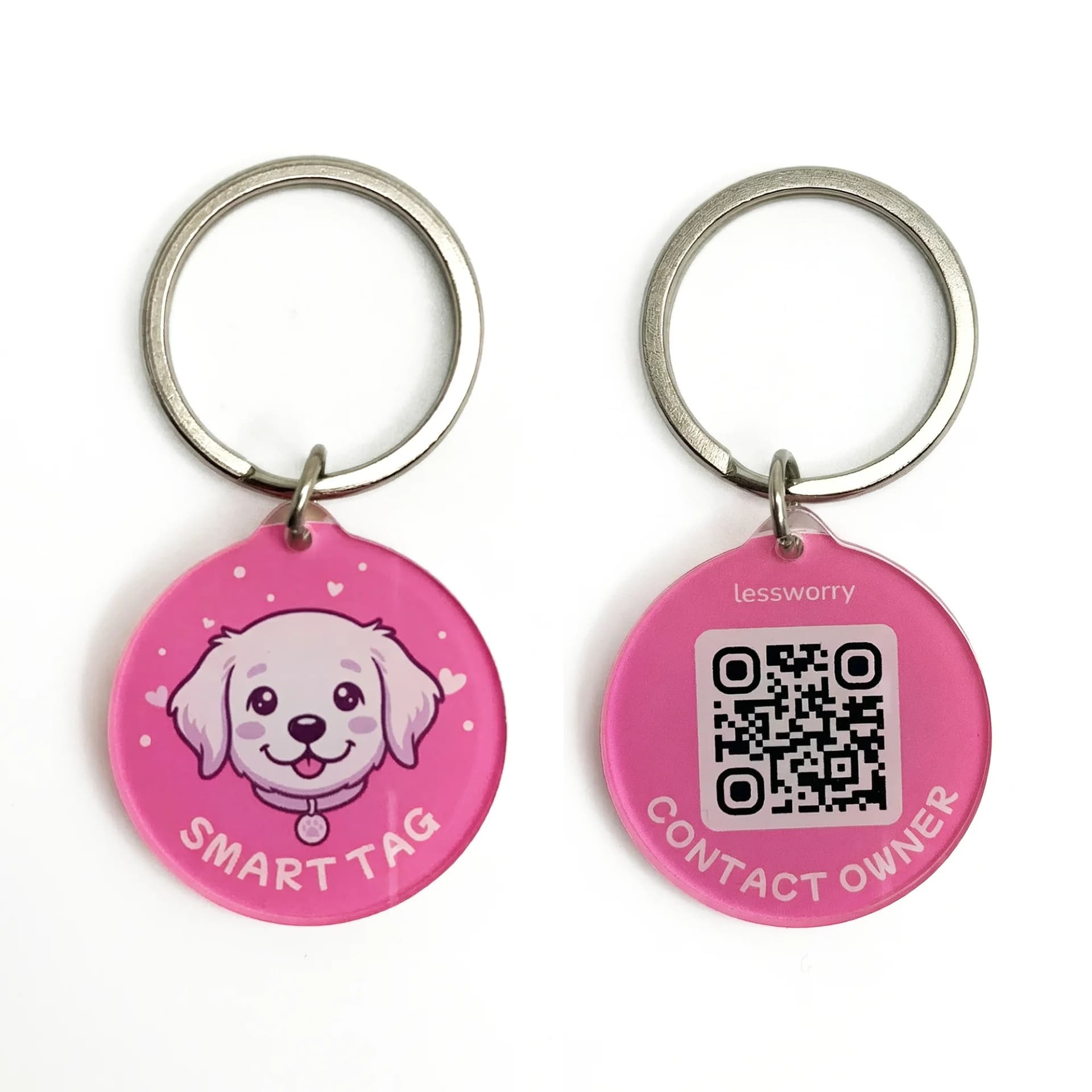 Pink pet ID keychains with one featuring a cartoon dog face and the other displaying a QR code and contact information on a white background.