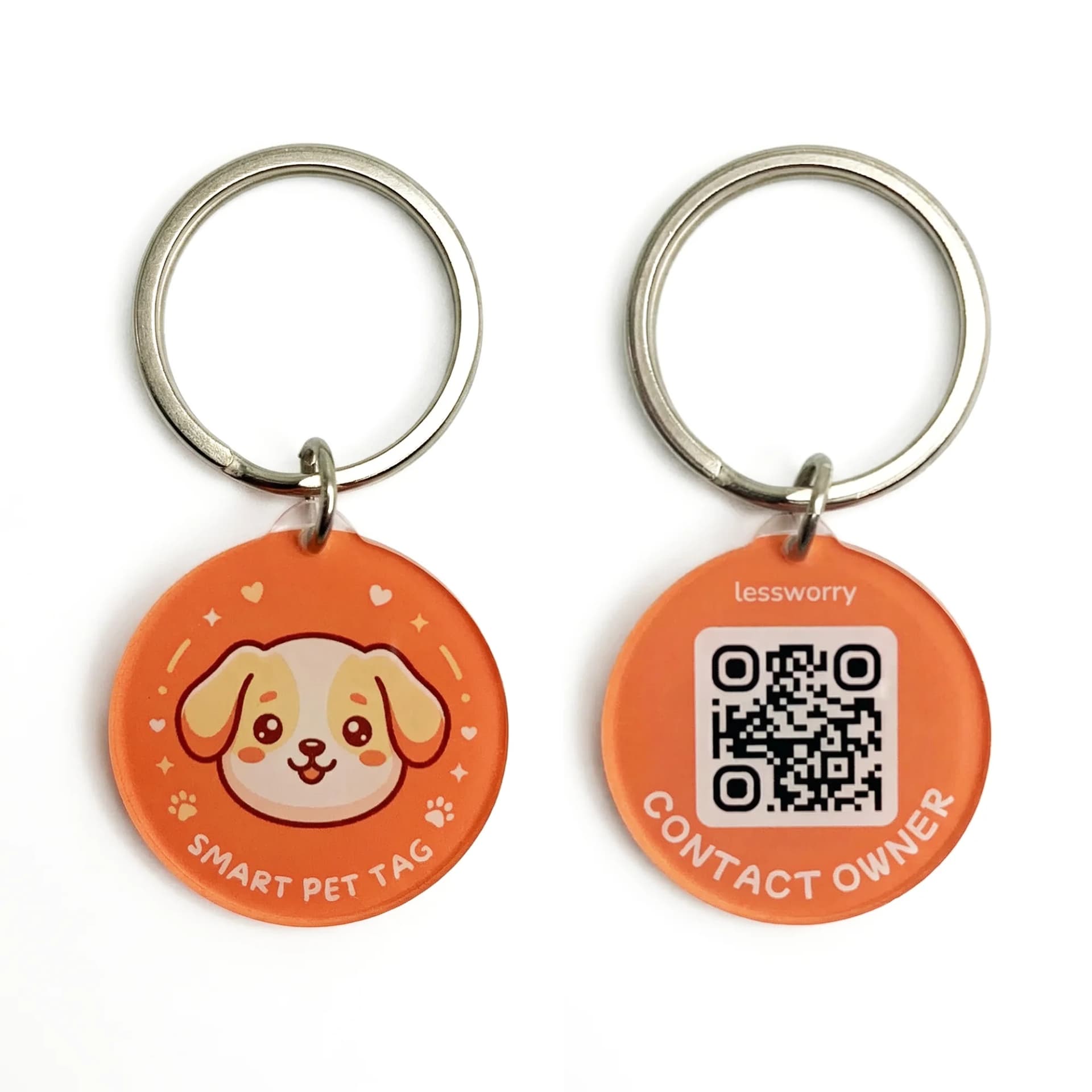 Orange pet ID keychain with a cartoon dog face on one side and a QR code with contact info on the other side.